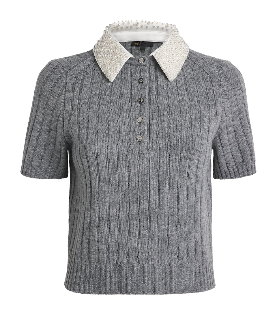 Maje Womens Wool-Blend Beaded-Collar Polo Sweater Grey