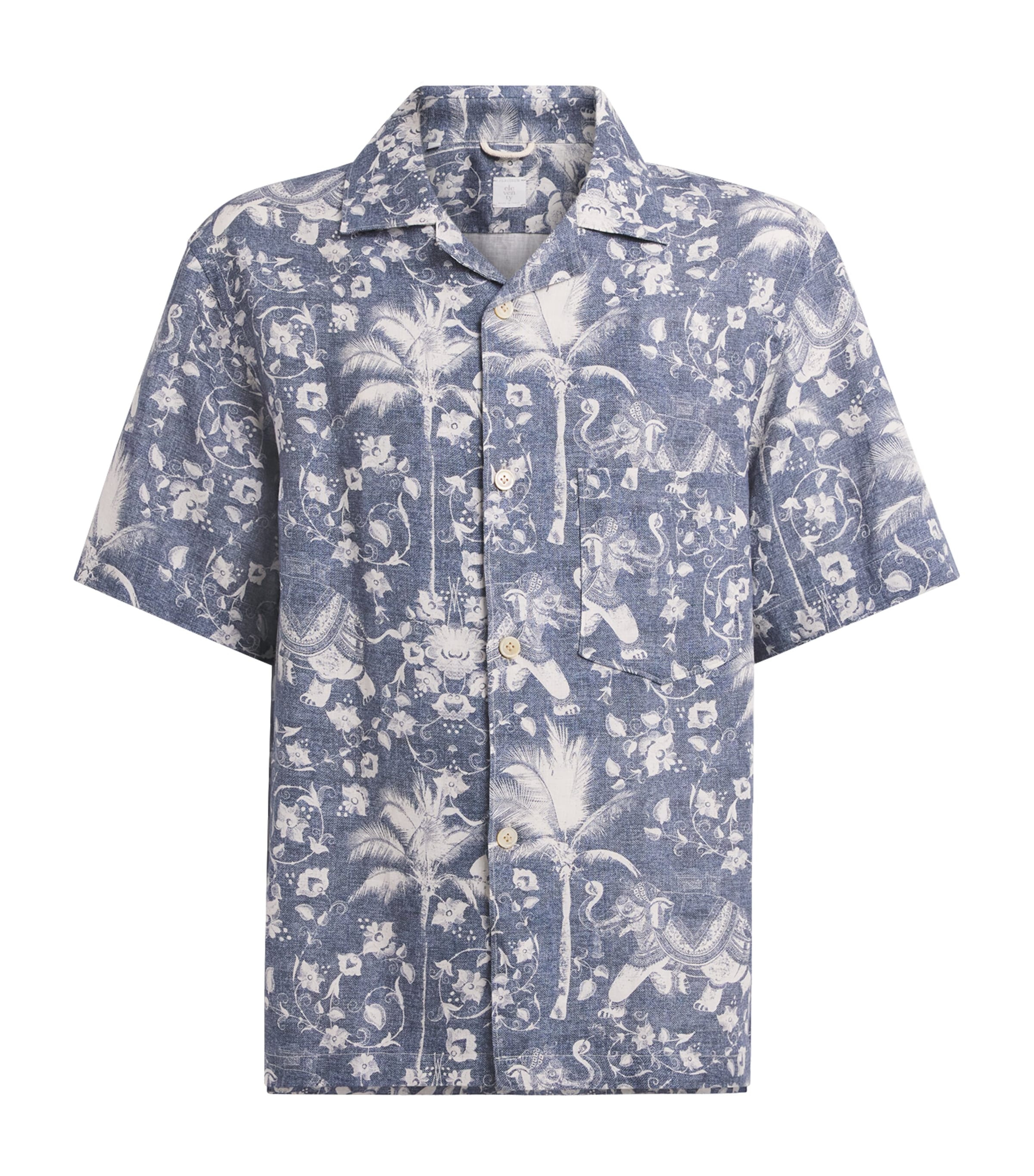 Eleventy Mens Linen Printed Bowling Shirt Royal