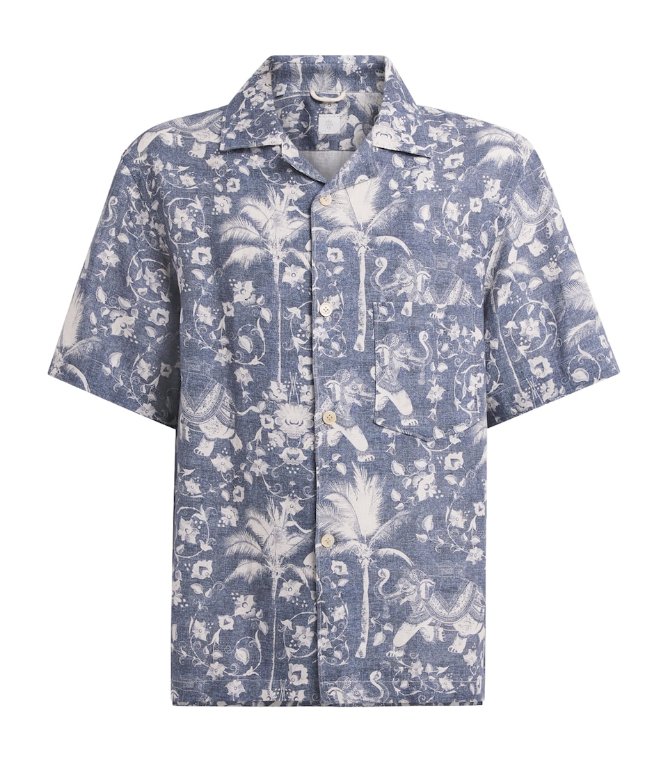 Eleventy Mens Linen Printed Bowling Shirt Royal