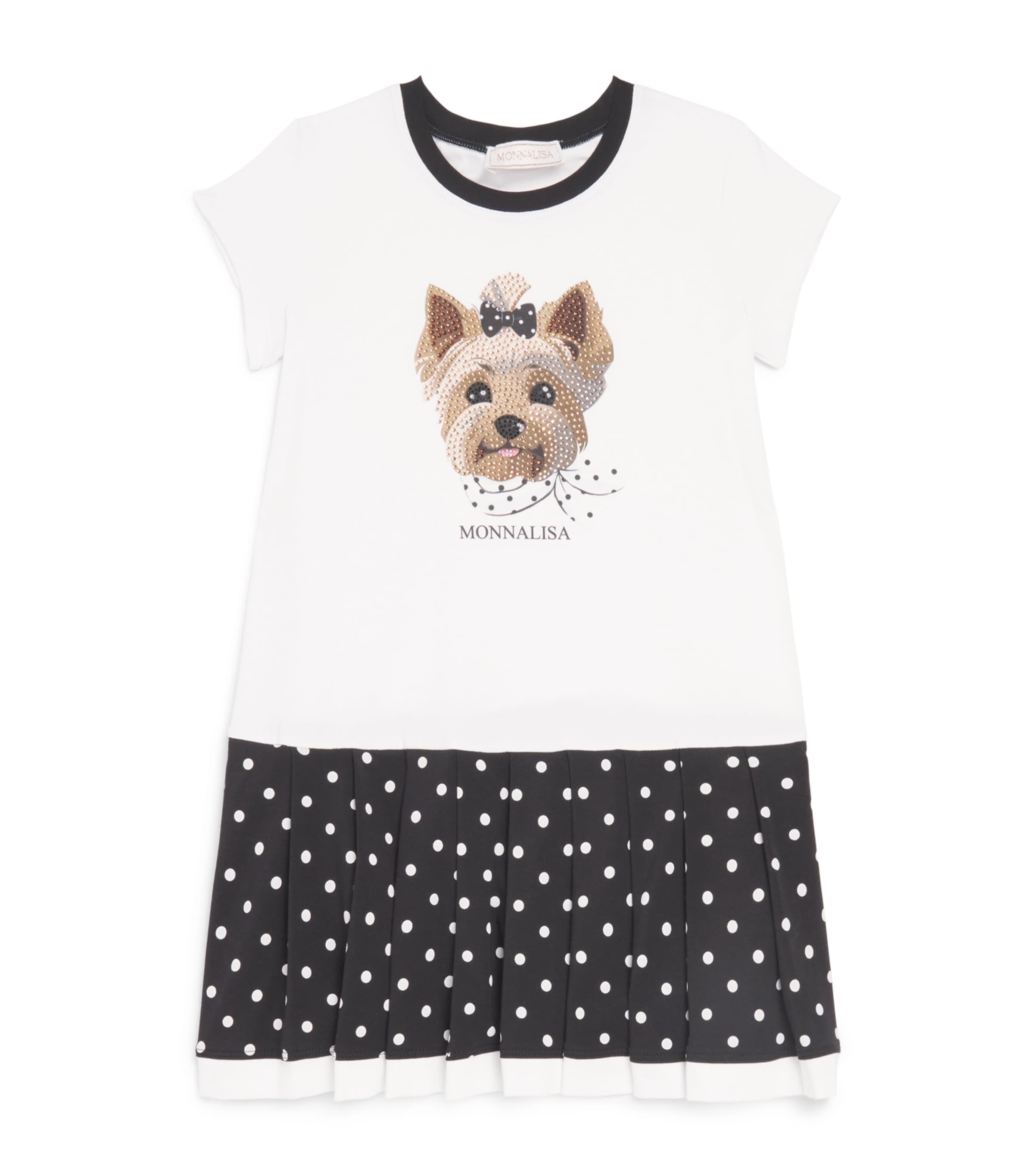 Monnalisa Stretch-Cotton Rhinestone Dog Print Dress (2-12 Years) White+black