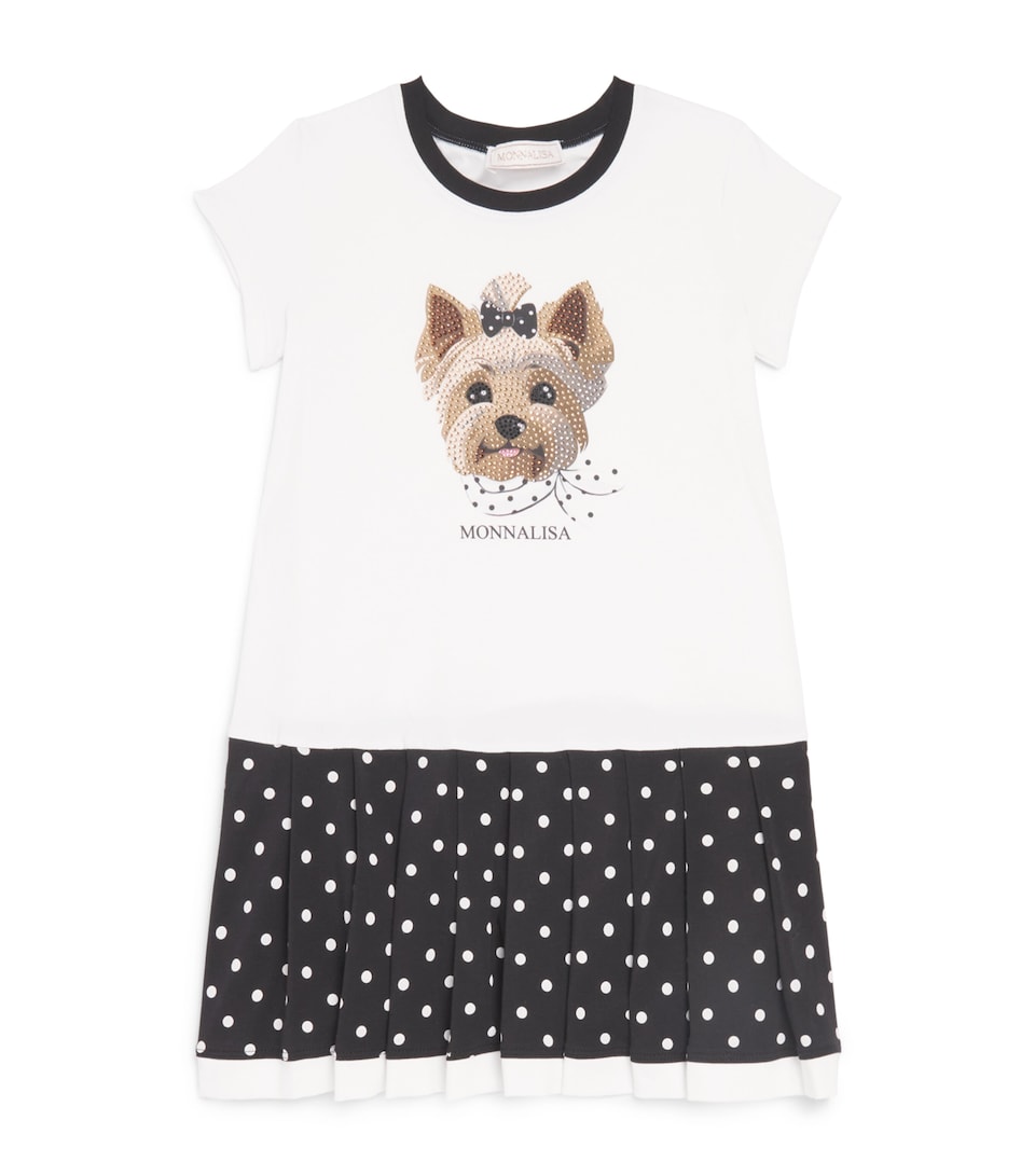 Monnalisa Stretch-Cotton Rhinestone Dog Print Dress (2-12 Years) White+black