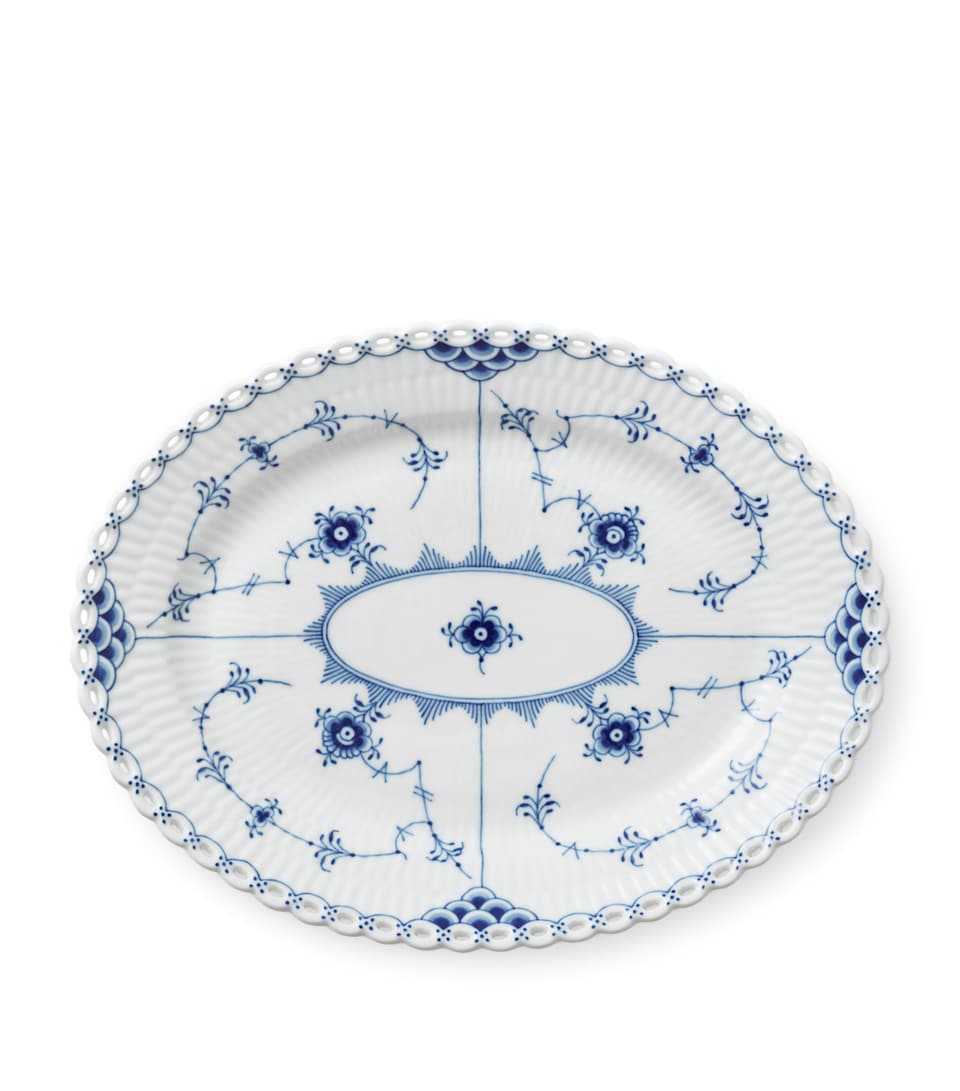 Blue Fluted Full Lace Oval Plate (25cm)