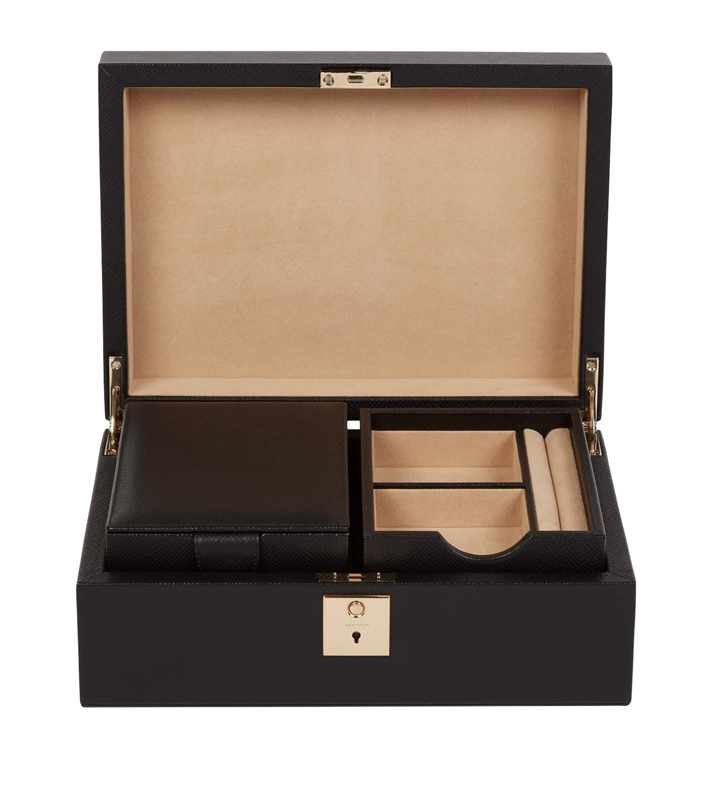 Smythson Panama Jewellery Box with Travel Tray Black