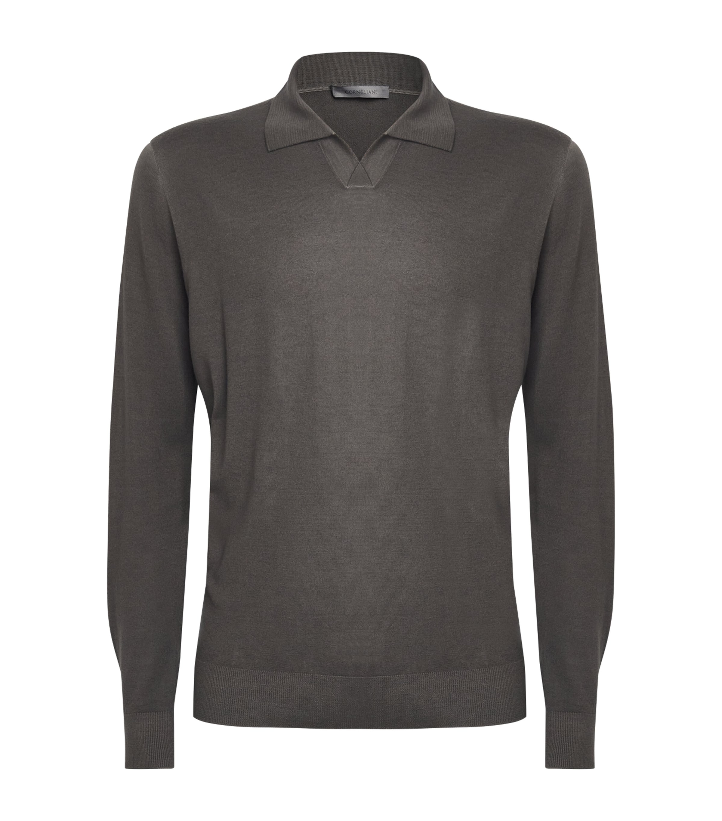 Corneliani Mens Virgin Wool Long-Sleeve Polo Shirt Green Coloured
