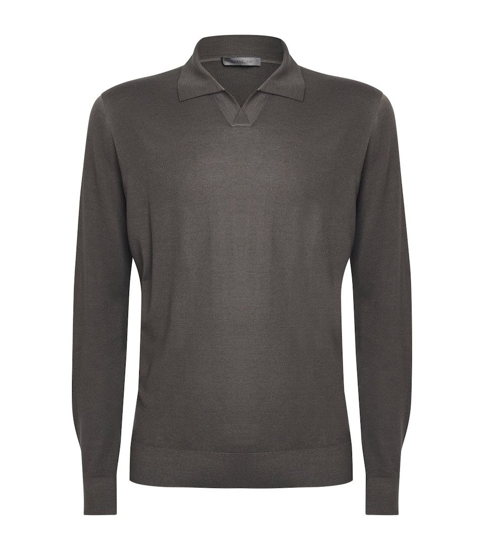 Corneliani Mens Virgin Wool Long-Sleeve Polo Shirt Green Coloured