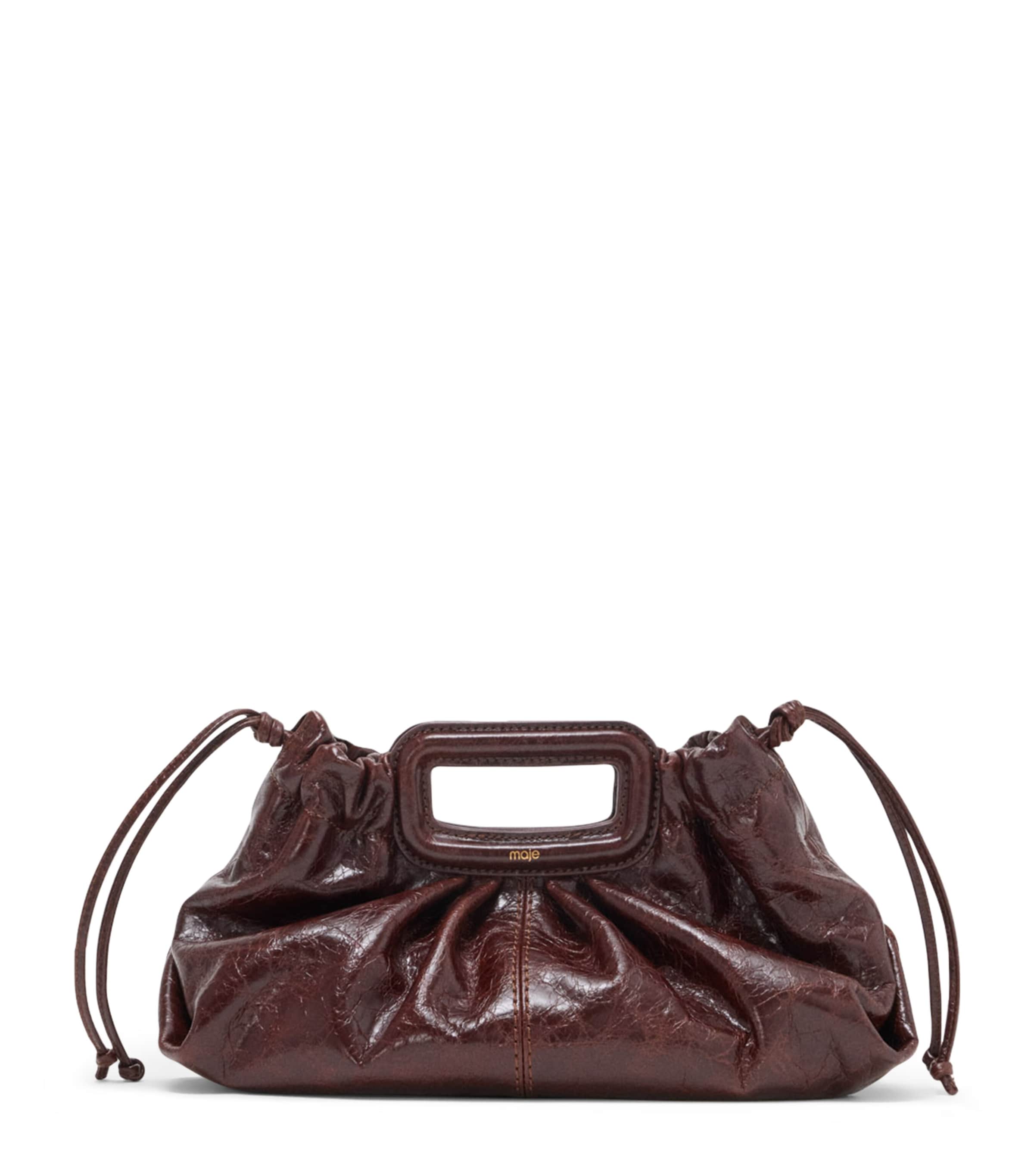 Maje Crackled Leather Milpli Clutch Bag Dark Brown