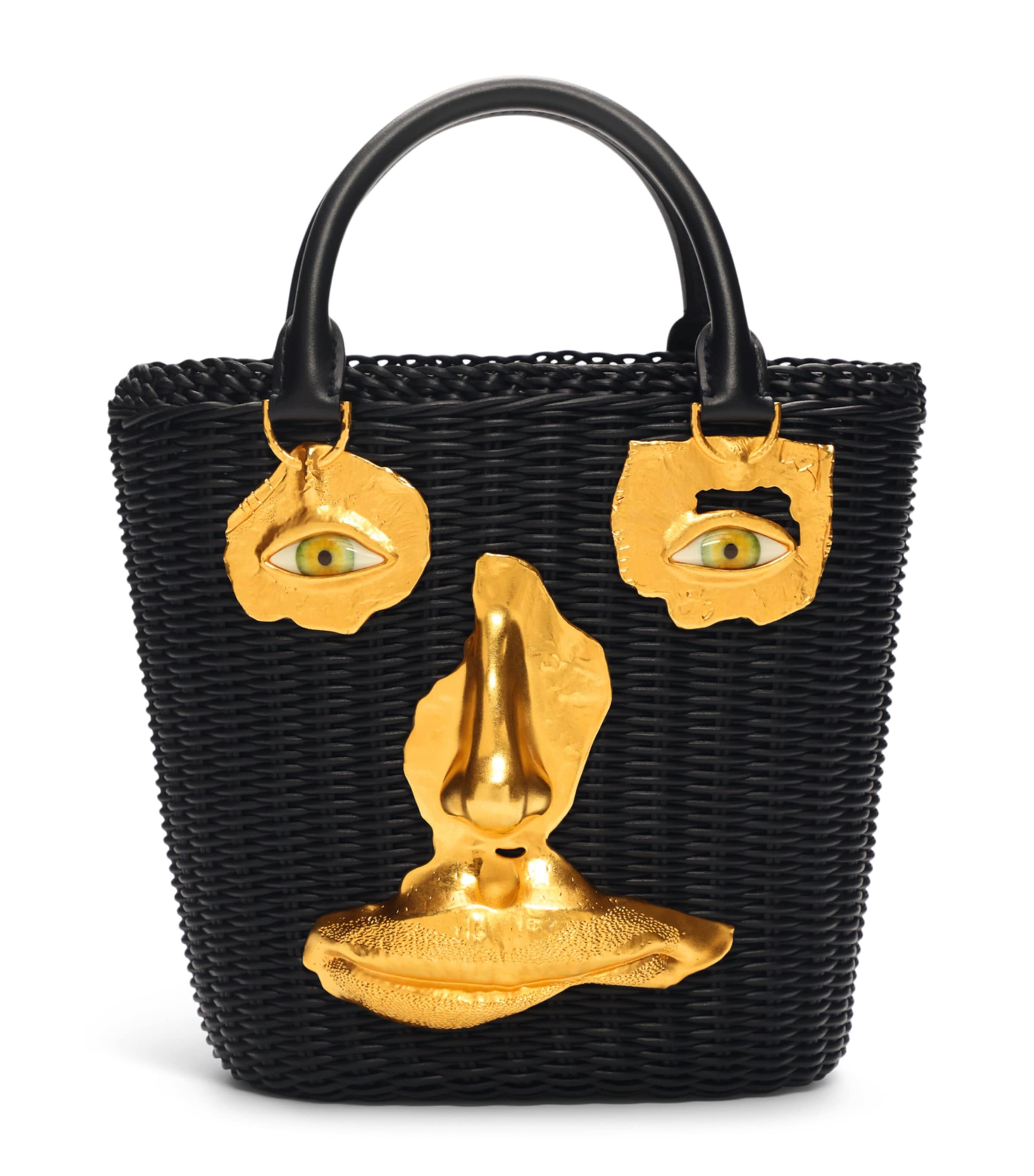 Schiaparelli Calfskin Wicker Face Bucket Bag Black
