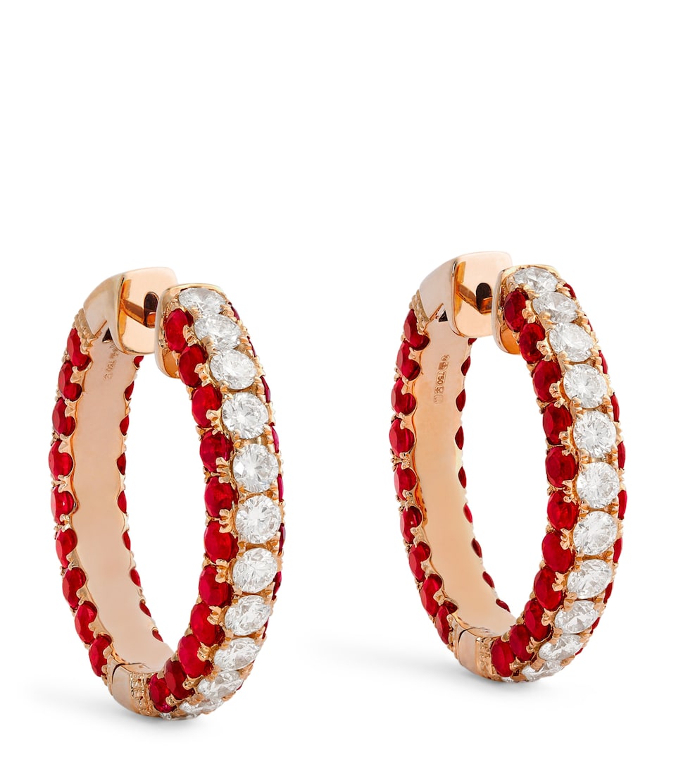 Rose Gold, Diamond and Ruby Three-Sided Hoop Earrings