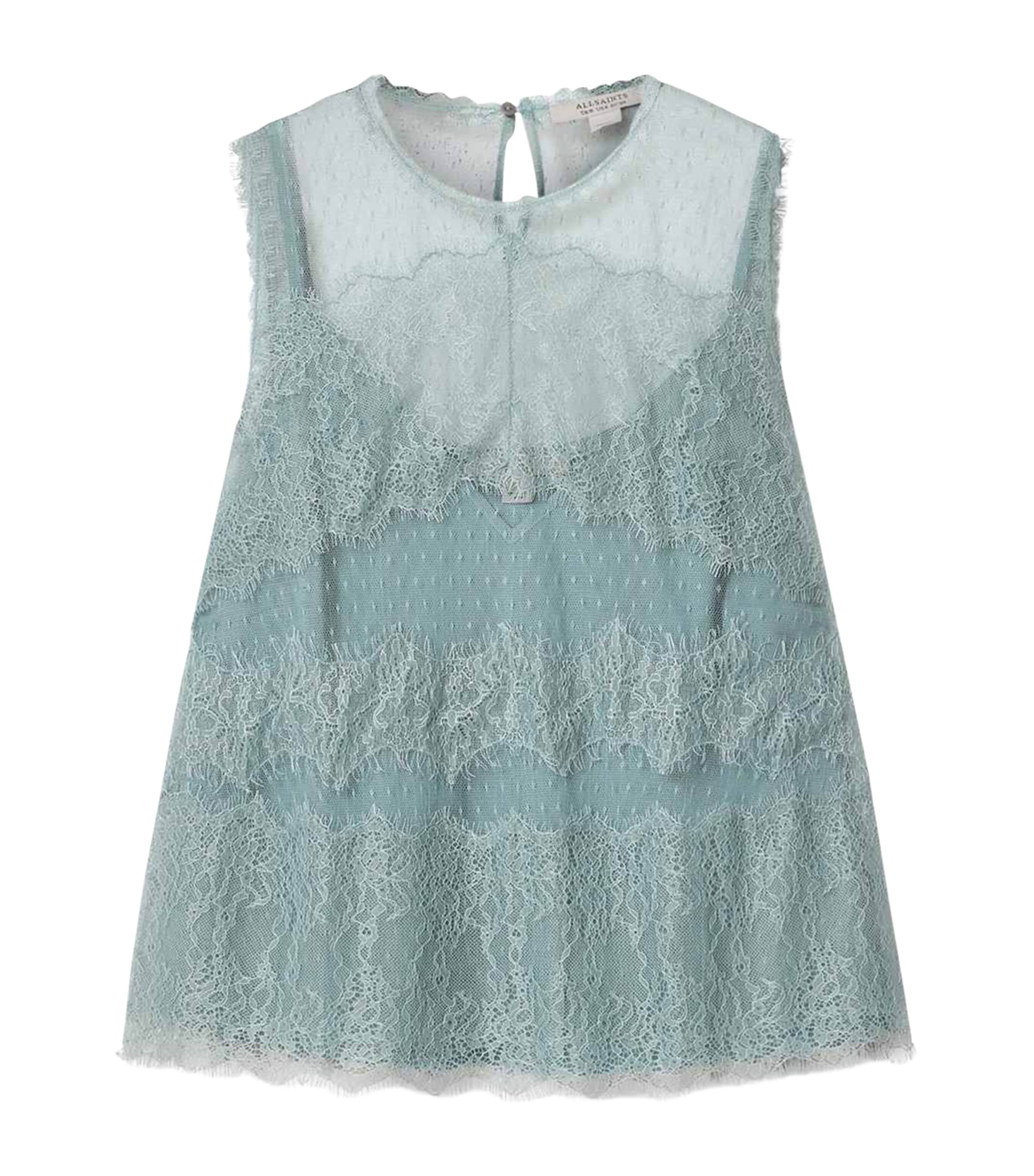 AllSaints Womens Tulle Lace-Trimmed Clara Blouse Dusty Blue
