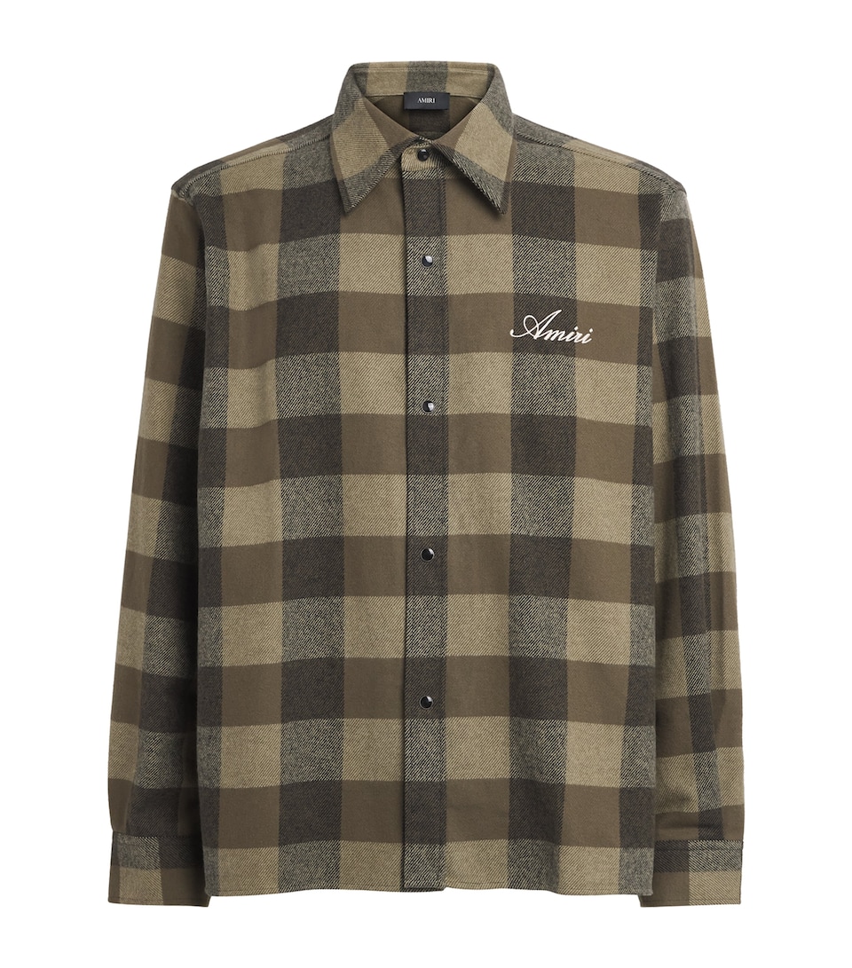 AMIRI Mens Cotton Flannel Check Shirt Deep Olive