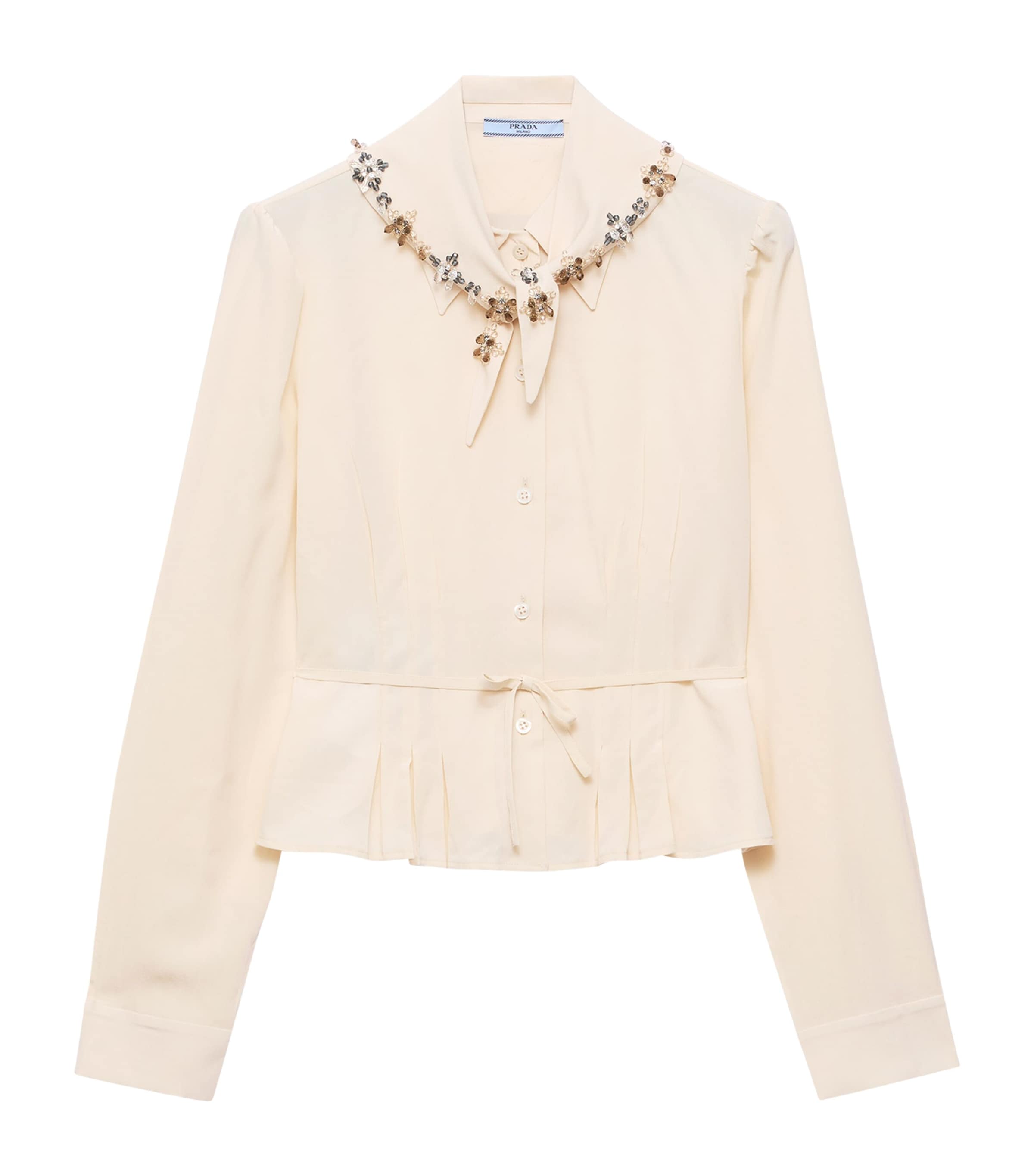 Prada Womens Silk Embellished Blouse Neutral