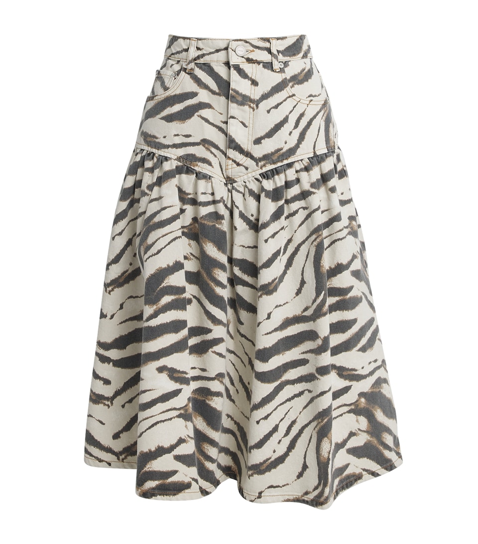 GANNI Womens Zebra Denim Midi Skirt Egret