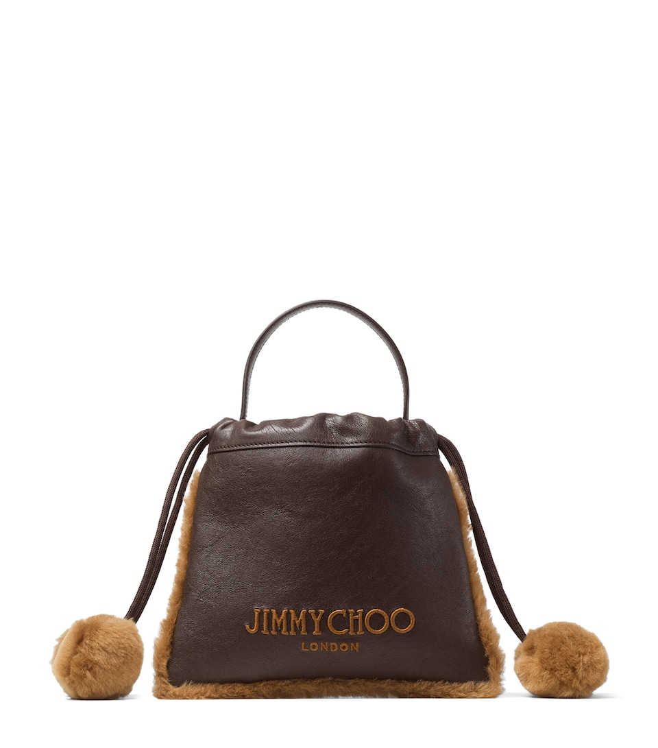 Jimmy Choo Leather Shearling-Trim Drawstring Pouch Chocolate/toffee/ecr
