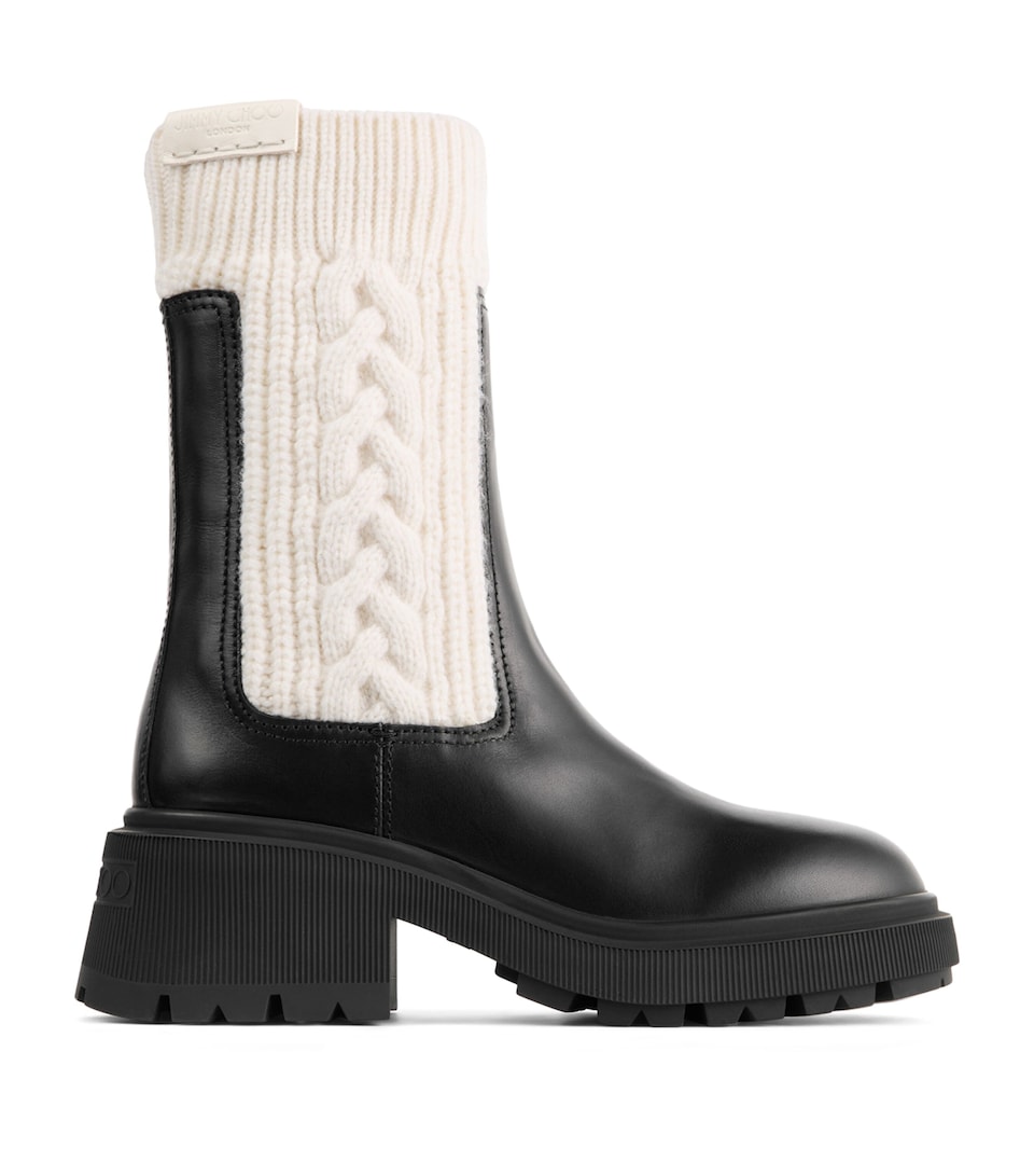 Jimmy Choo Tamia 70 Leather Cable-Knit Boots Black/latte