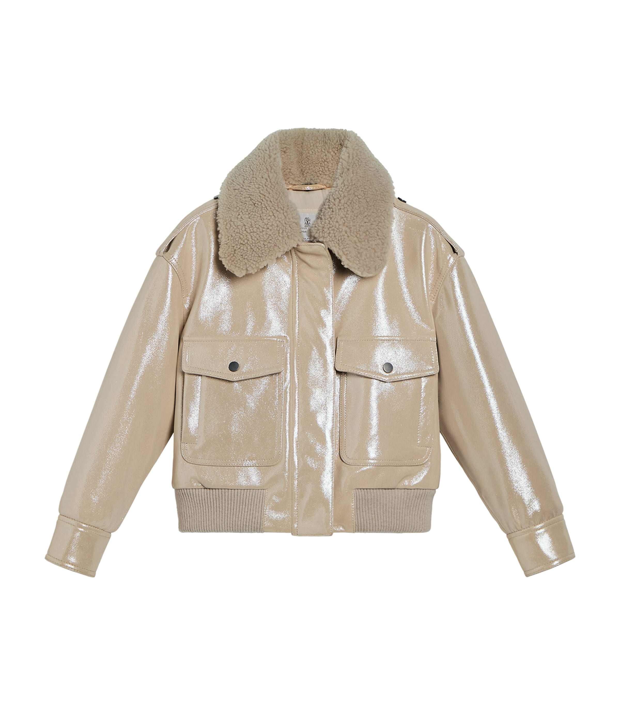 Brunello Cucinelli Kids Sparkling Leather Shearling-Trim Jacket (4-6 Years) Light Beige
