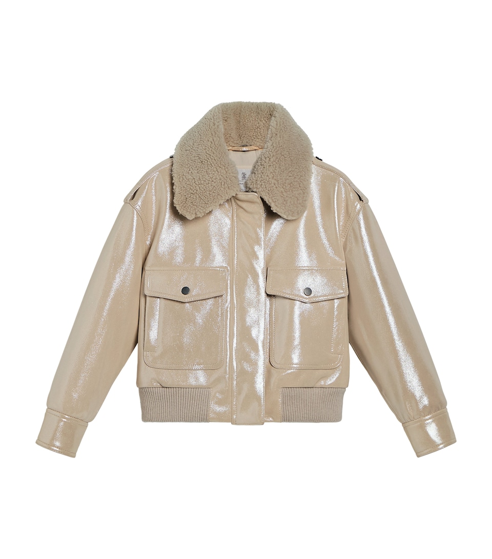 Brunello Cucinelli Kids Sparkling Leather Shearling-Trim Jacket (4-6 Years) Light Beige