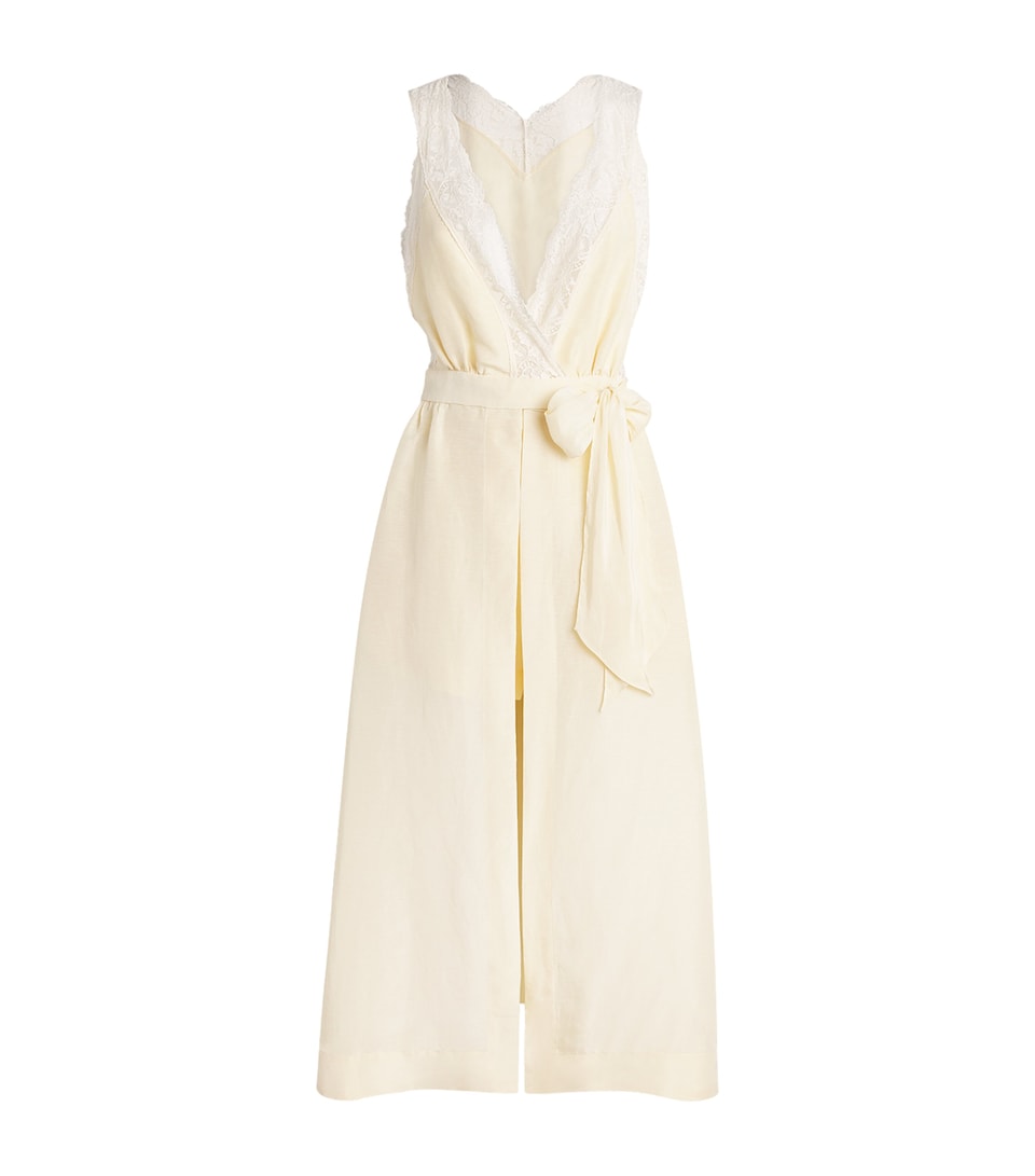 Sandro Paris Womens Linen-Blend Lace-Trim Midi Dress Vanilla
