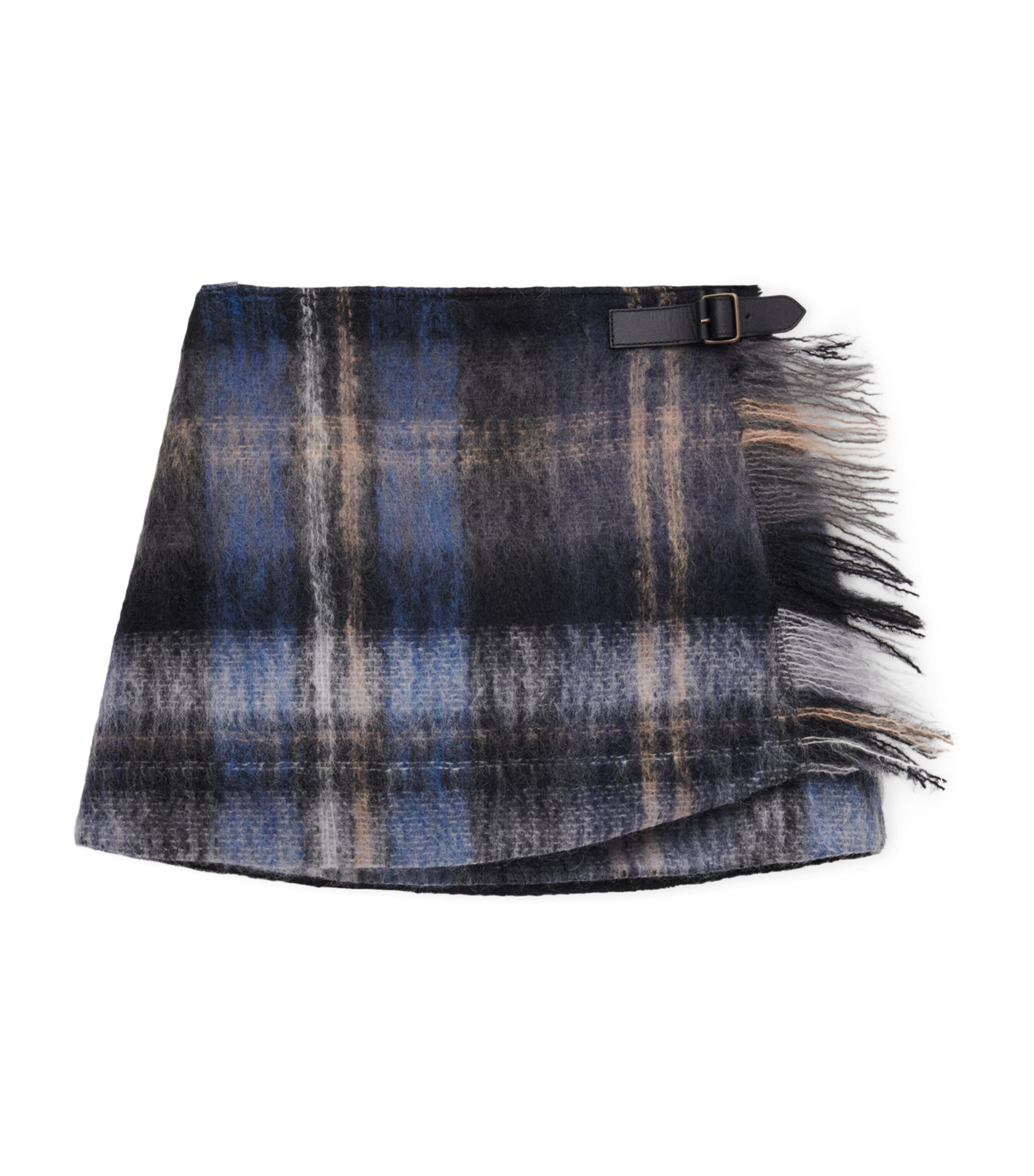 Mohair-Wool Buckled Check Mini Skirt