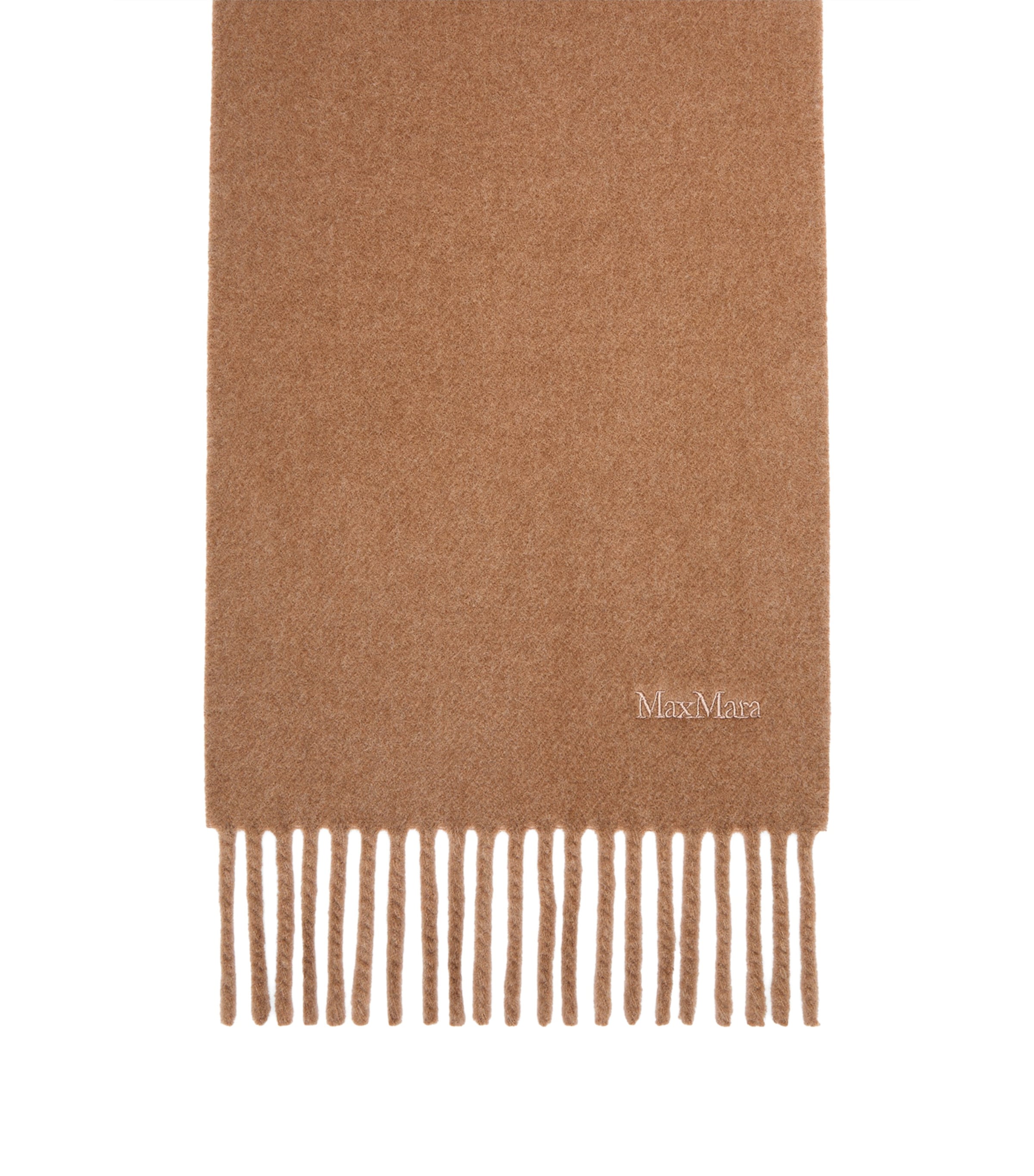 Max Mara Wool Fringed Logo Scarf Camel