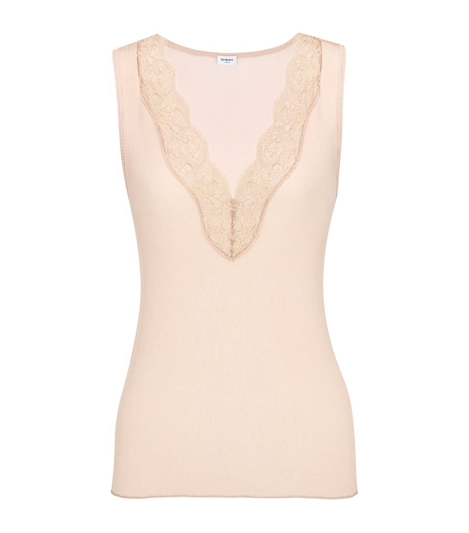 Saint Laurent Womens Silk Lace-Trim Tank Top