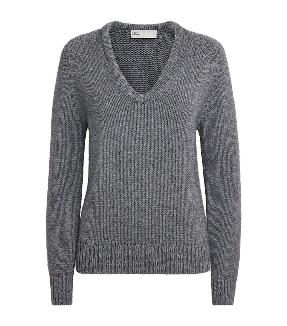 Tory Burch Womens Wool U-Neck Sweater Cloudy Gray Melange