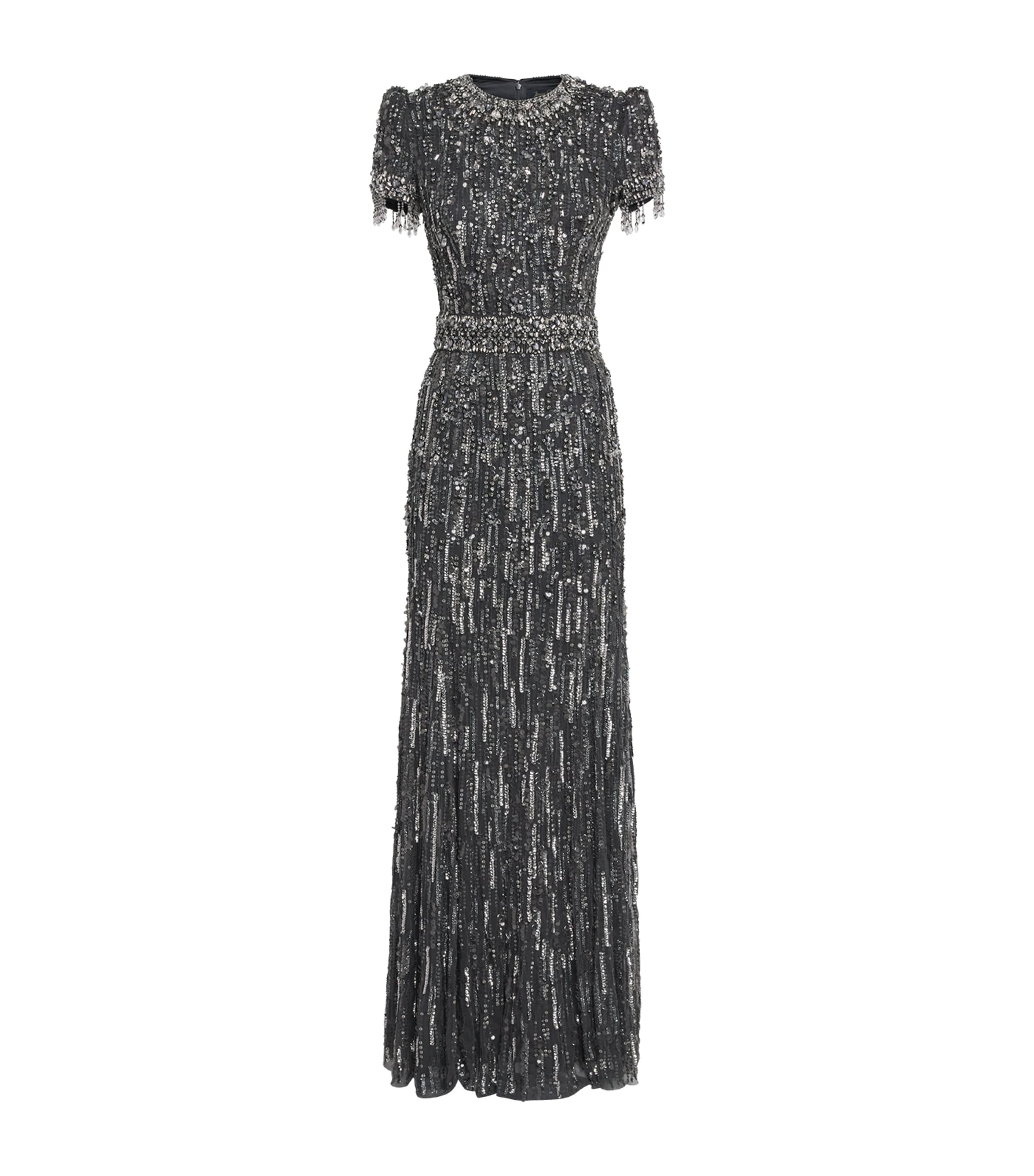 Jenny Packham Womens Short-Sleeve Rhinestone Maxi Dress Shdw Gry T Bdng
