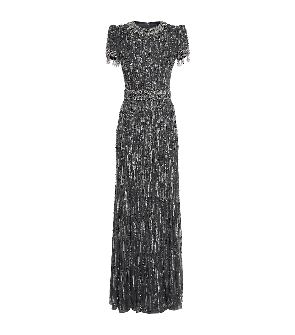 Jenny Packham Womens Short-Sleeve Rhinestone Maxi Dress Shdw Gry T Bdng