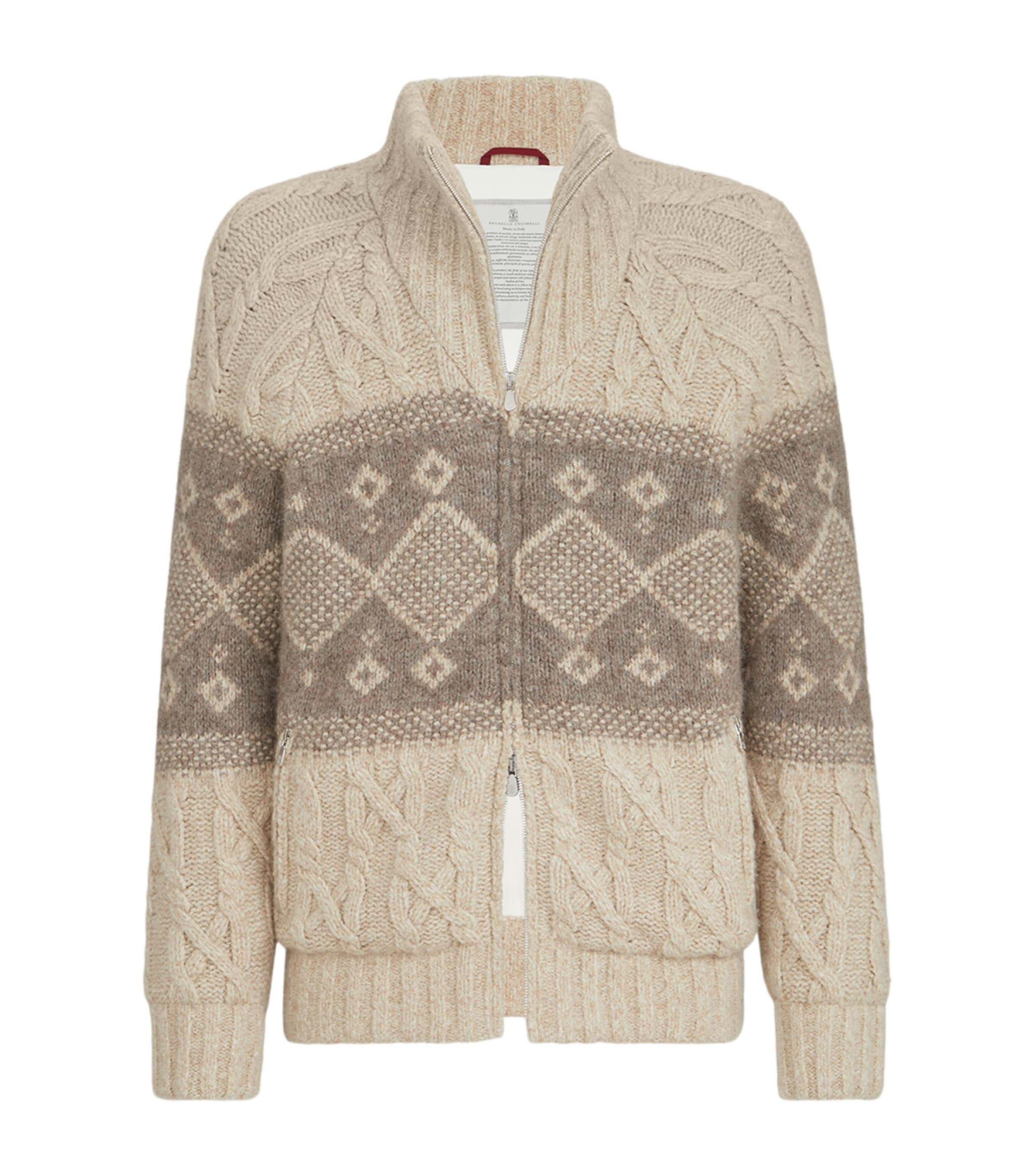 Brunello Cucinelli Mens Virgin Wool-Silk-Cashmere Cable-Knit Down Jacket Beige+brown