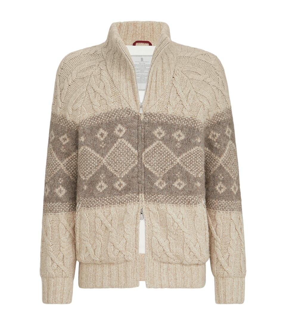 Brunello Cucinelli Mens Virgin Wool-Silk-Cashmere Cable-Knit Down Jacket Beige+brown