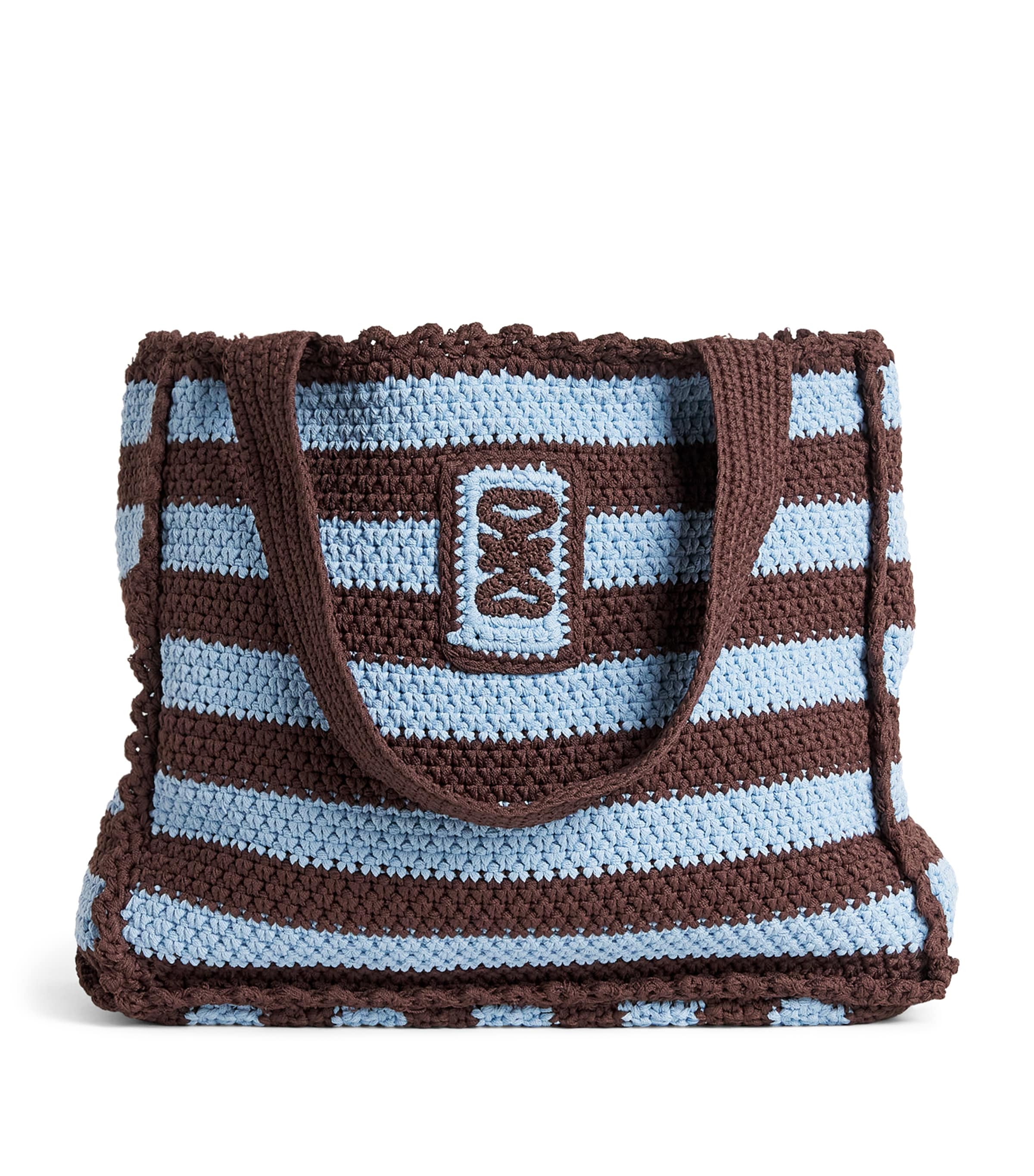 Sandro Paris Crochet Stripe Tote Bag Light Blue / Brown