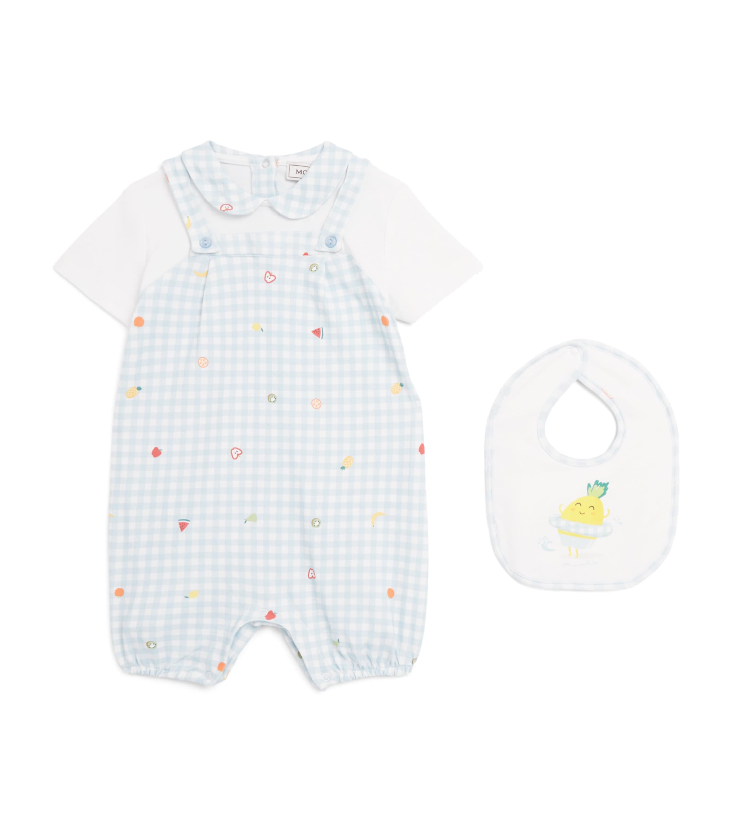 Monnalisa Cotton Check Fruit Playsuit and Bib Set (1-9 Months) White/acquarius