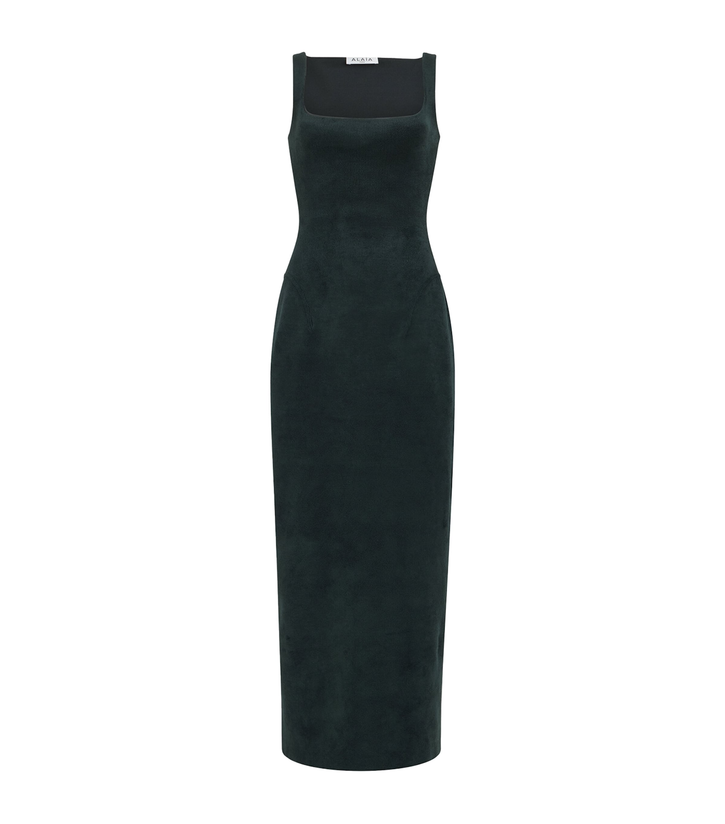 Alaïa Womens Velvet Square-Neck Midi Dress Bottle Green