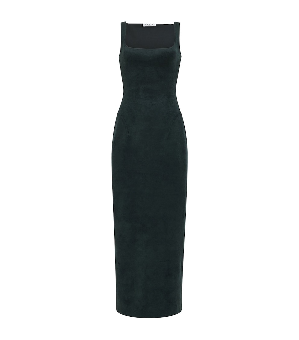 Alaïa Womens Velvet Square-Neck Midi Dress Bottle Green