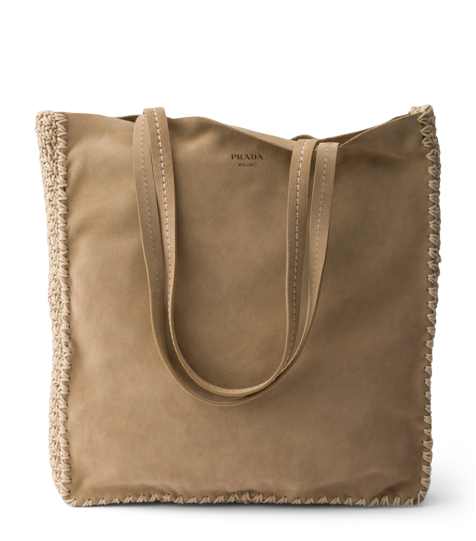 Prada Large Suede and Crochet Tote Bag Neutral