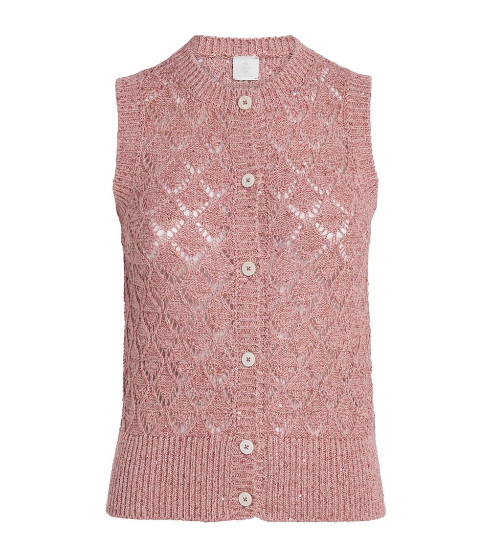 Eleventy Womens Cotton-Linen-Blend Sequinned Cardigan Lampone