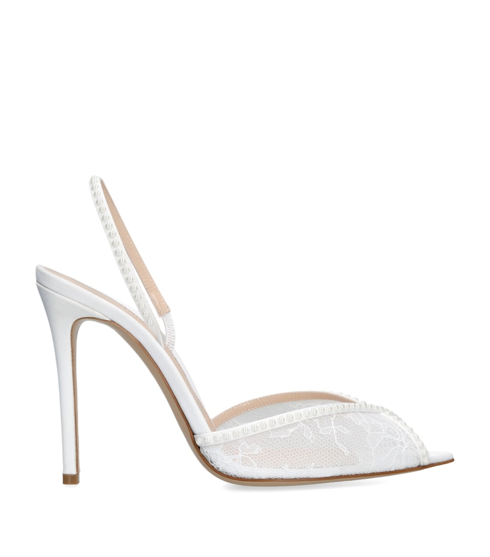 Andrea Wazen Embellished Lace Katy Slingback Heels 105 White