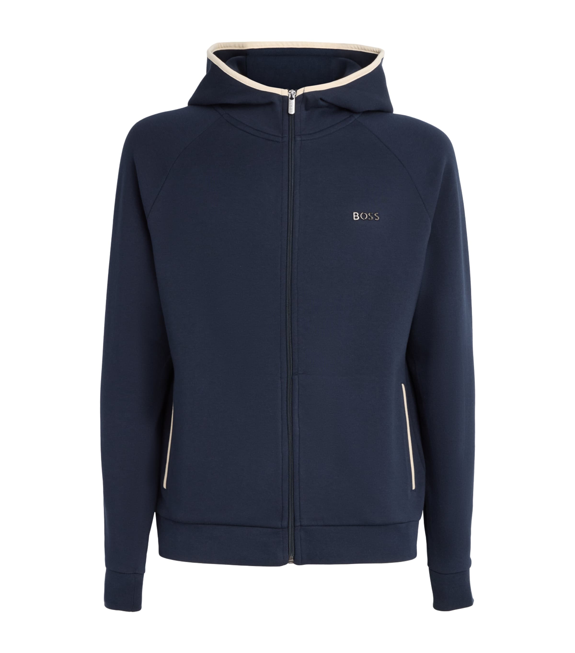BOSS Mens Contrast-Trim Sense Zip-Up Hoodie Dark Blue