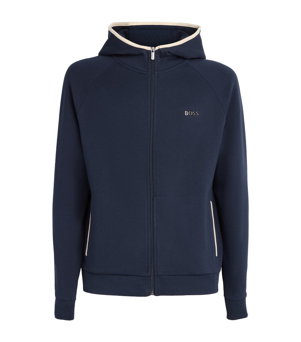 BOSS Mens Contrast-Trim Sense Zip-Up Hoodie Dark Blue