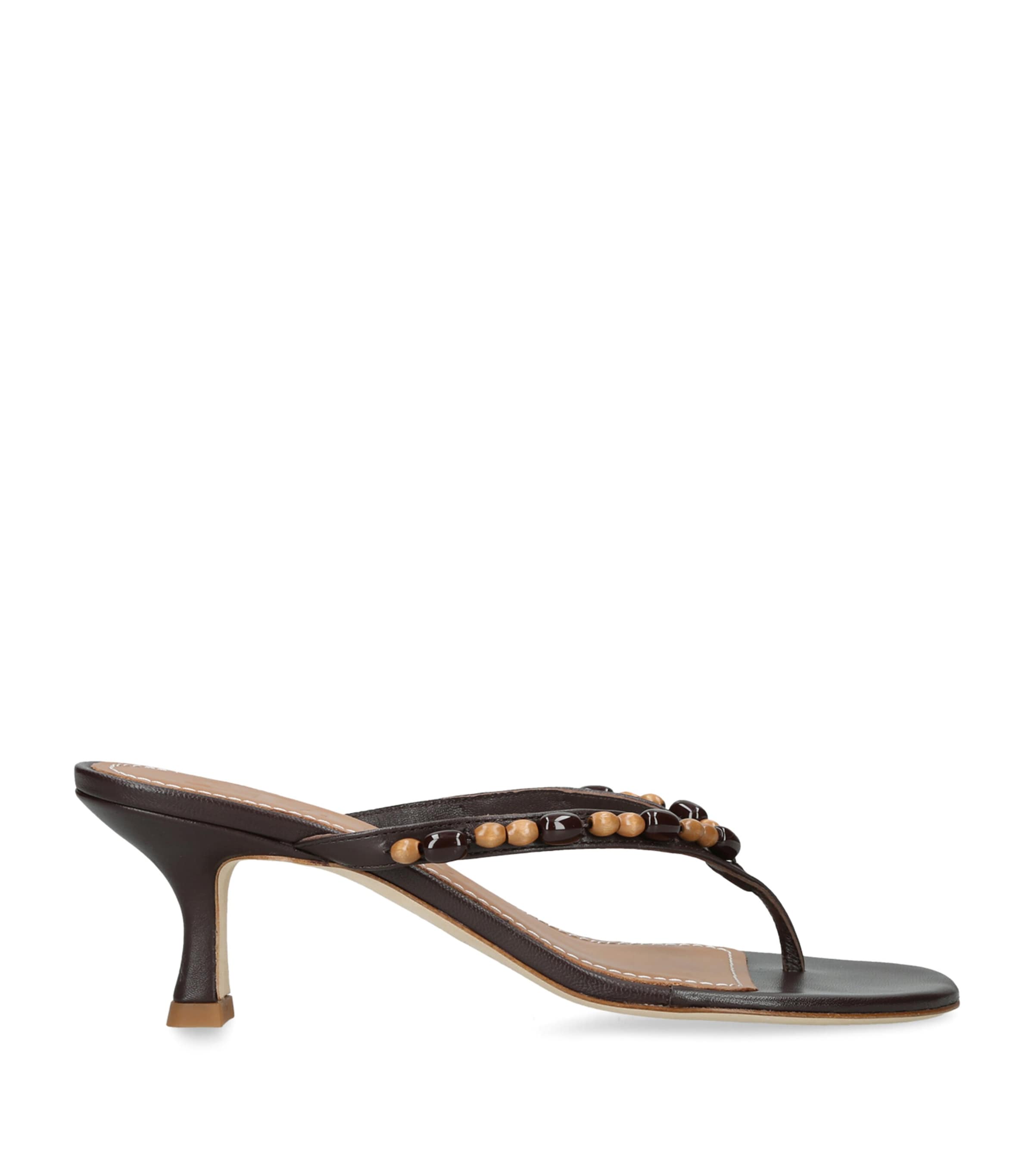 STAUD Leather Beaded Freja Heeled Sandals 60 Dark Brown