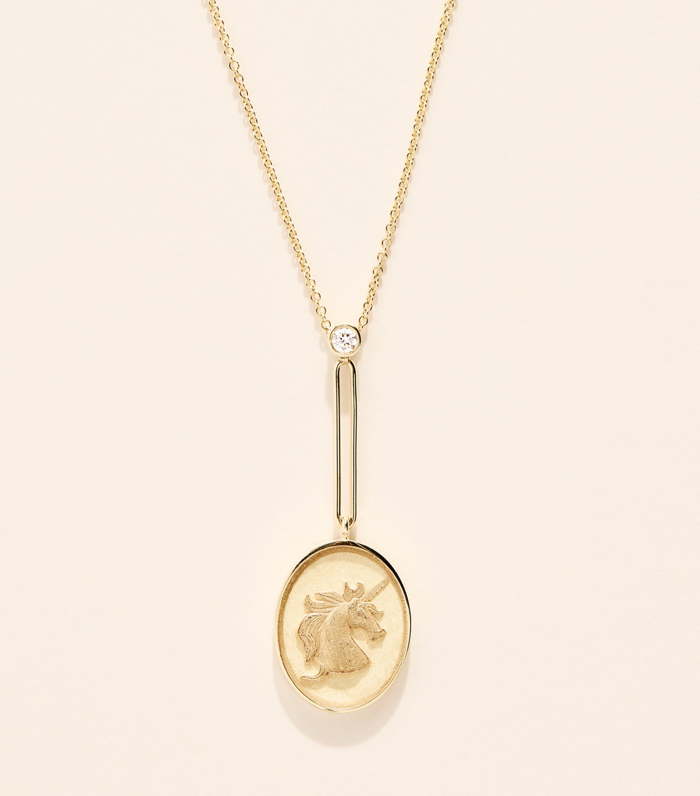 Retrouvaí Yellow Gold and Diamond Unicorn Grandfather Fantasy Necklace Yellow Gold