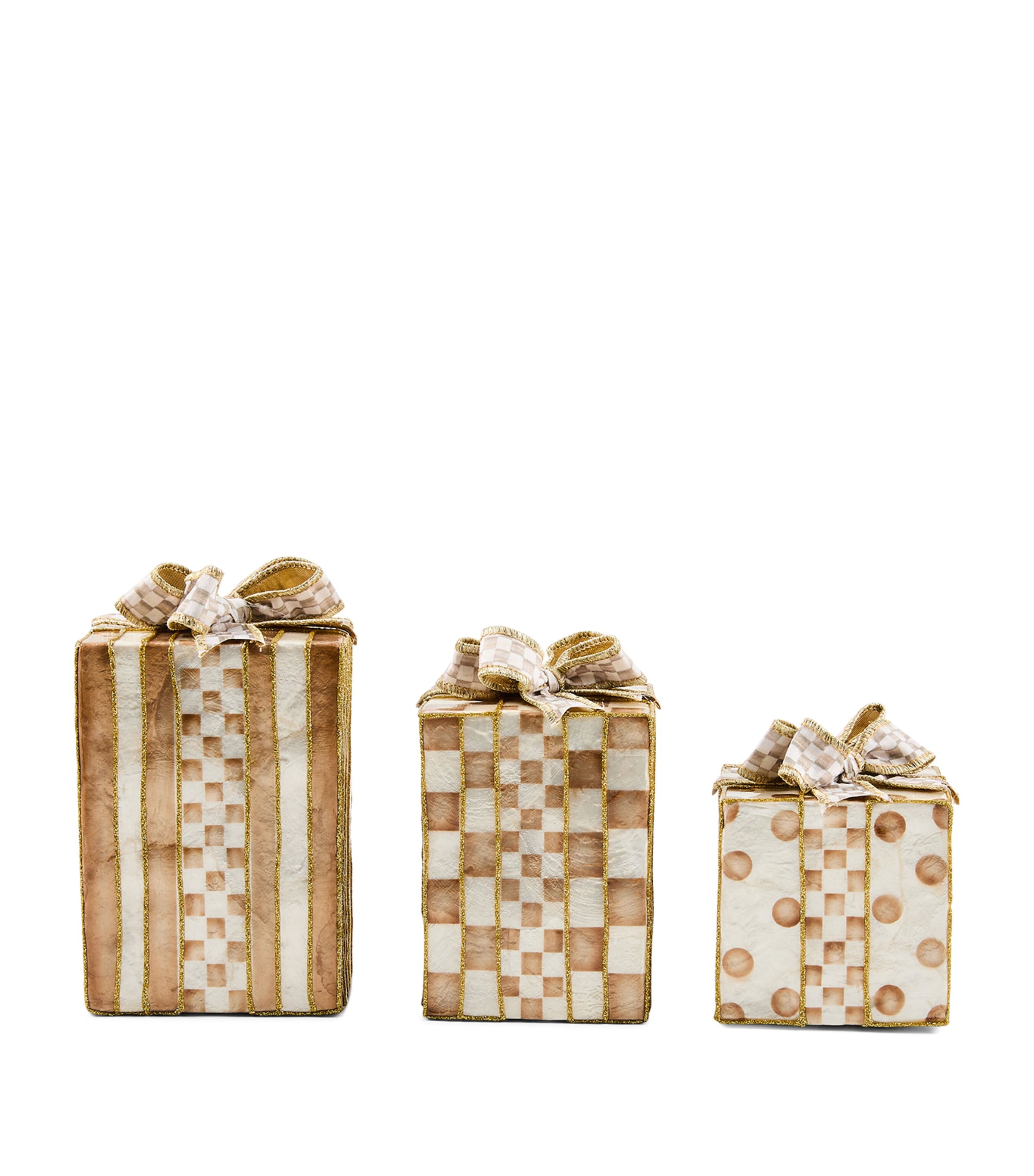 MacKenzie-Childs Capiz Mocha Gift Box Ornaments (Set of 3) Beige