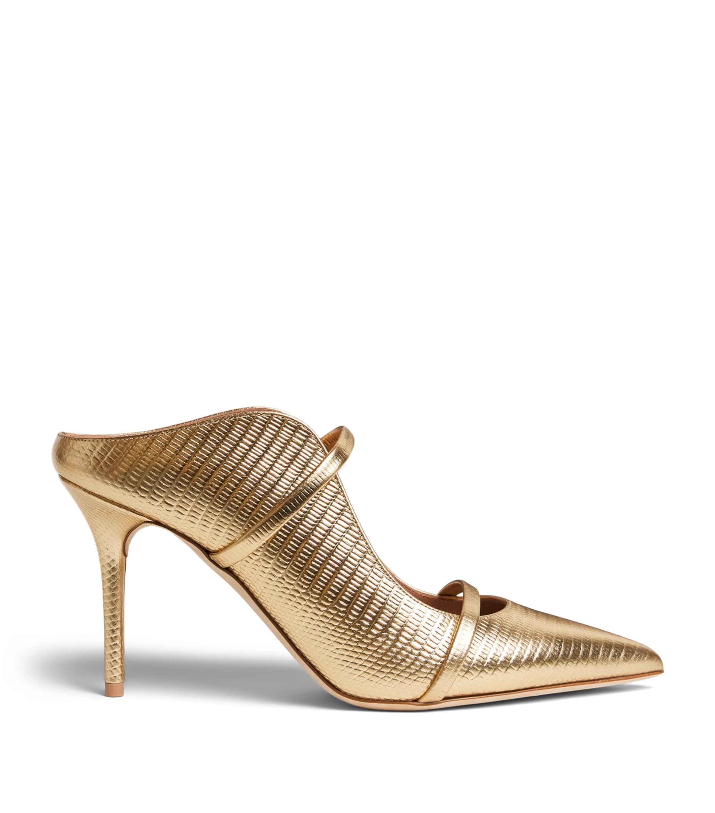 Malone Souliers x Harrods Exclusive Metallic Leather Embossed Maureen Mules 85 Antique Gold