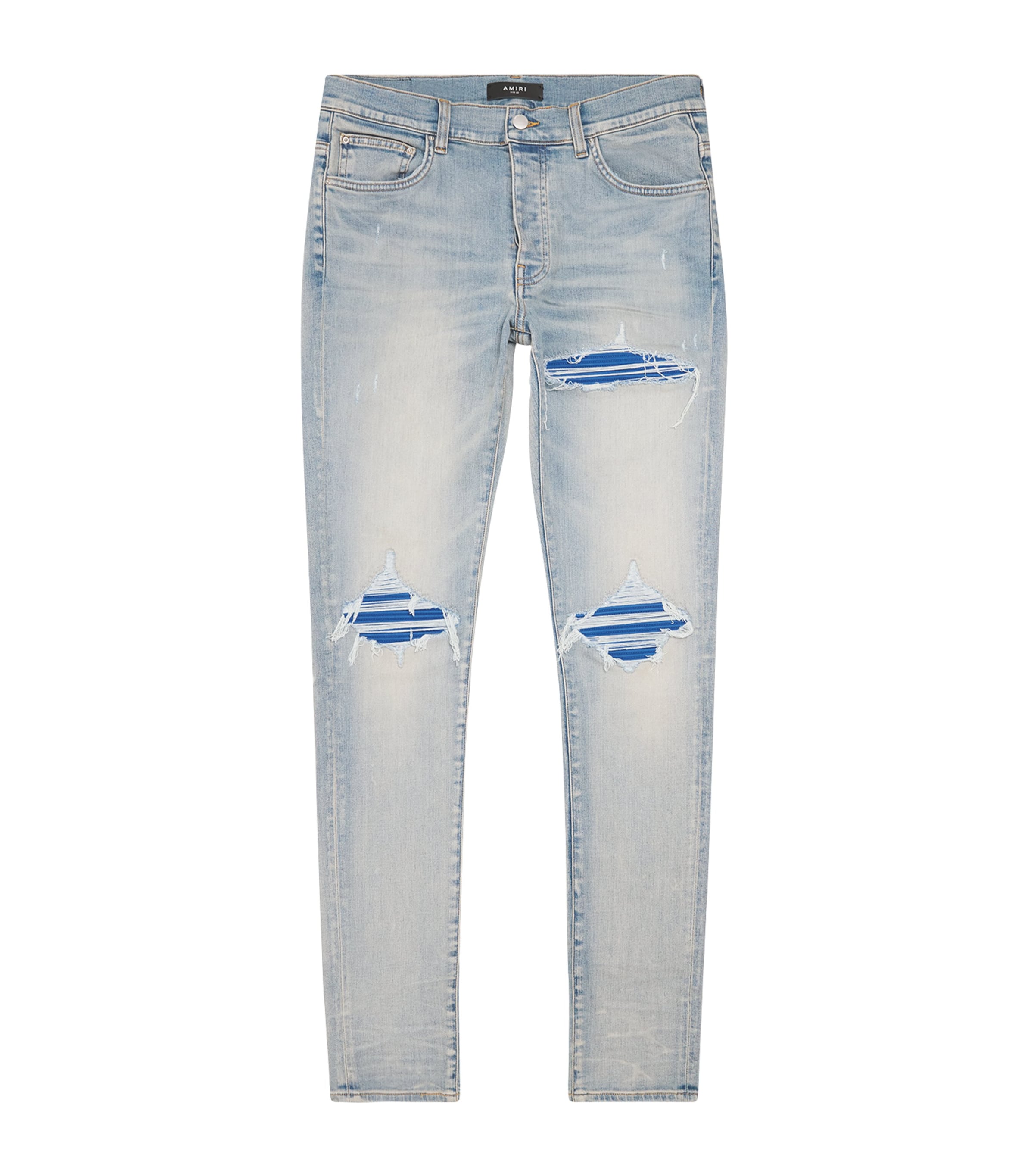 AMIRI Mens Ripped MX1 Ultrasuede Skinny Jeans Antique Indigo