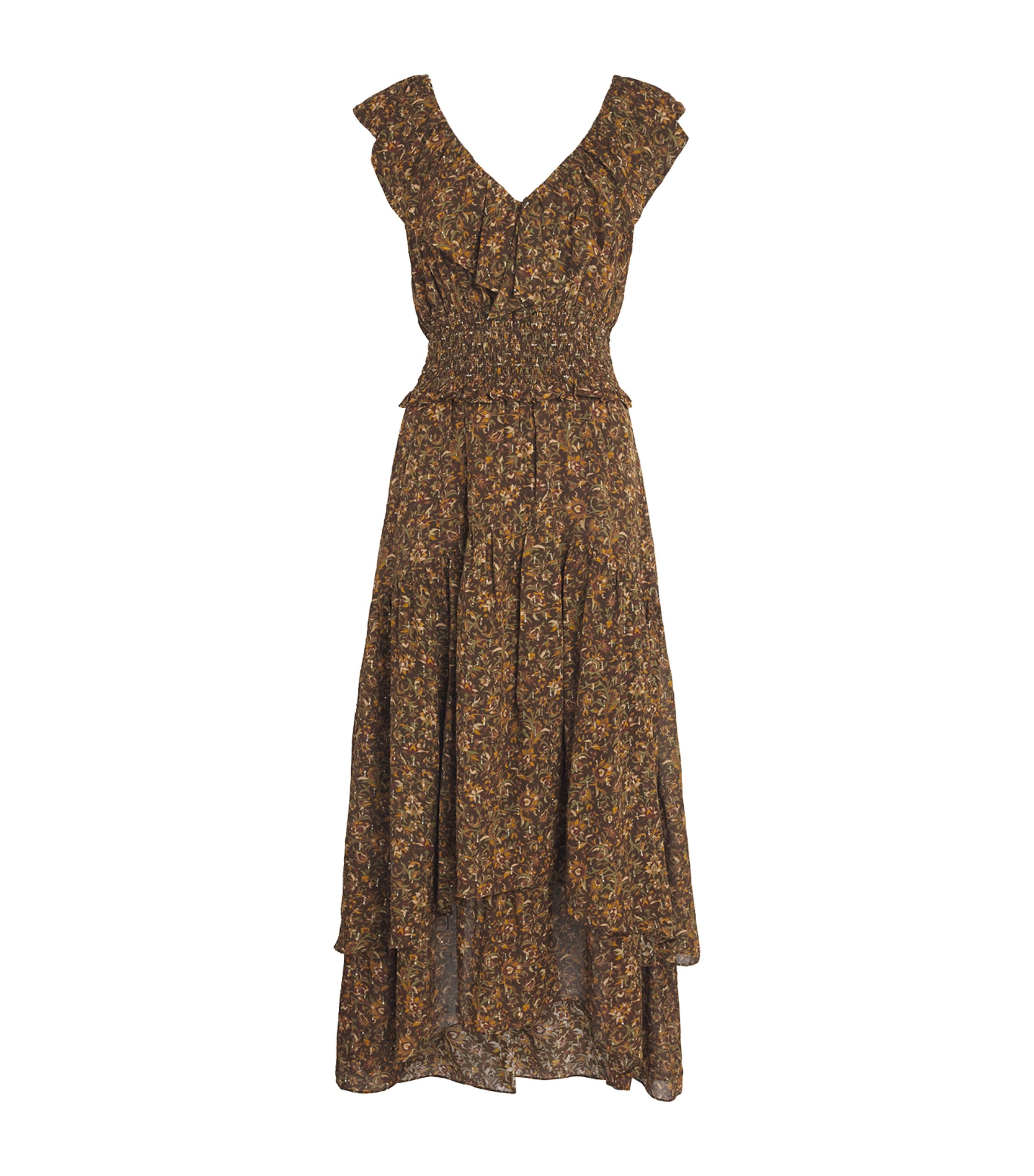 PAIGE Womens Silk-Blend Ruffle Floral Midi Dress Hickory Multi