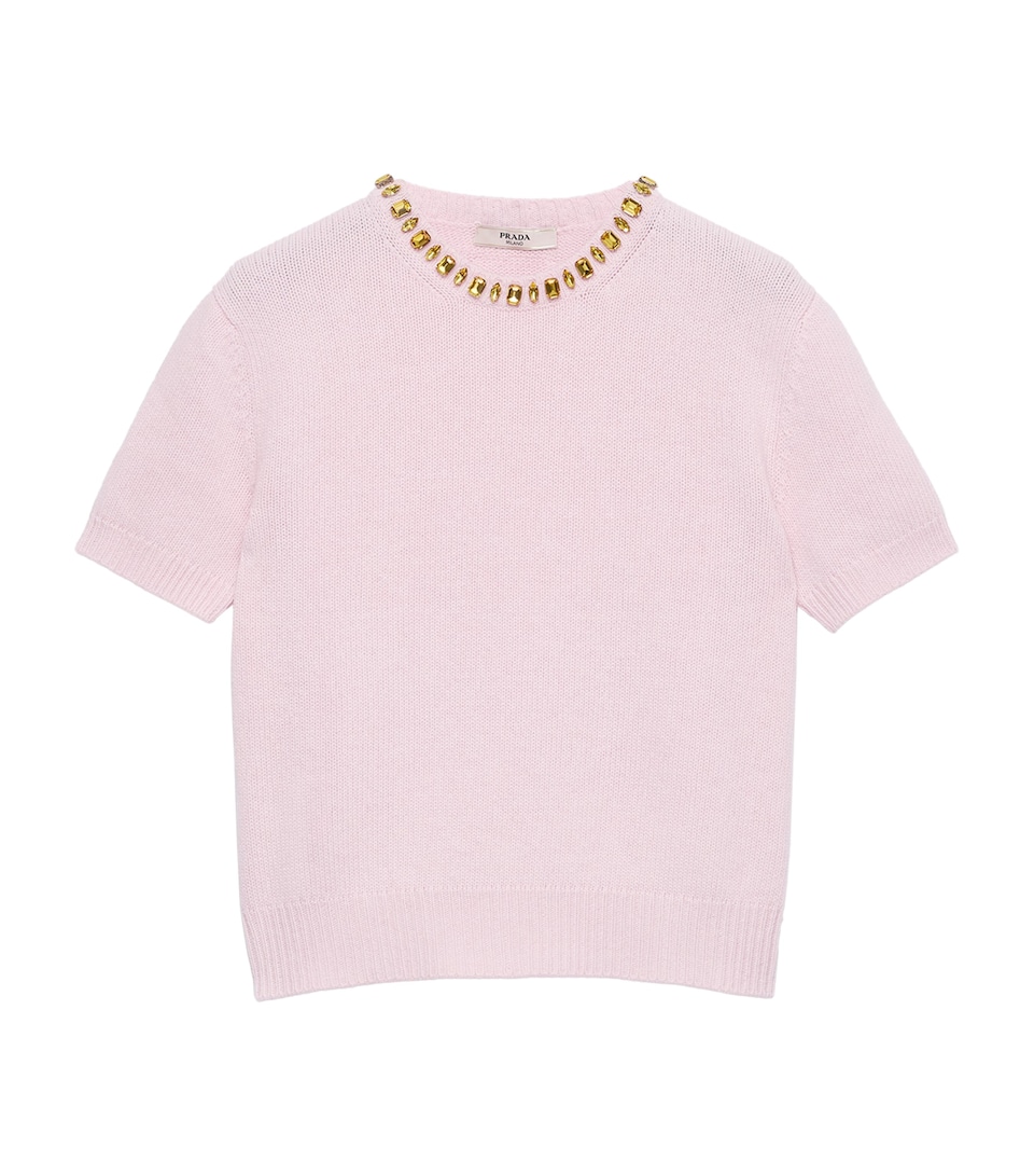 Prada Womens Virgin Wool-Cashmere Embellished Sweater Pink