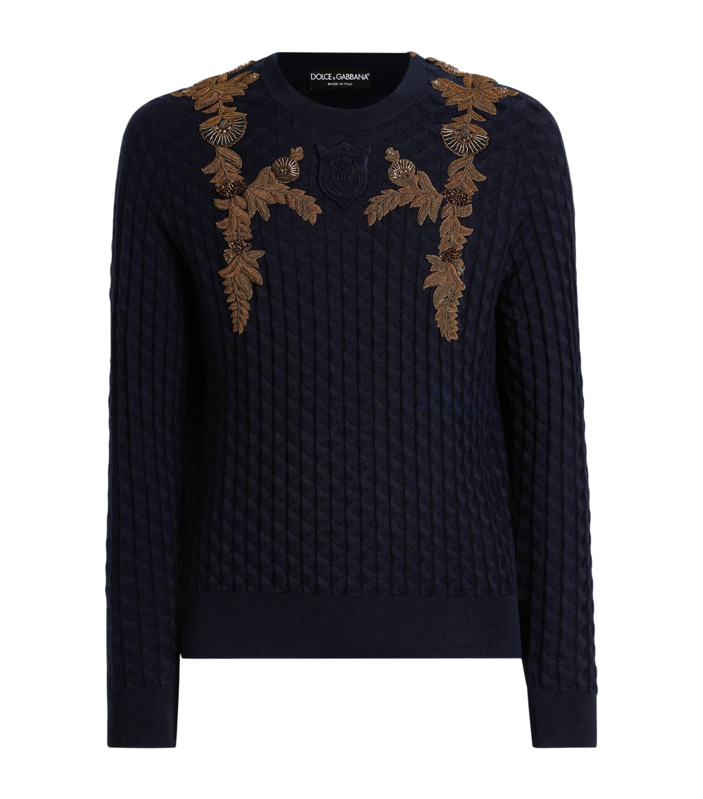 Dolce&Gabbana Mens Embroidered Silk Sweater Very Dark Blue