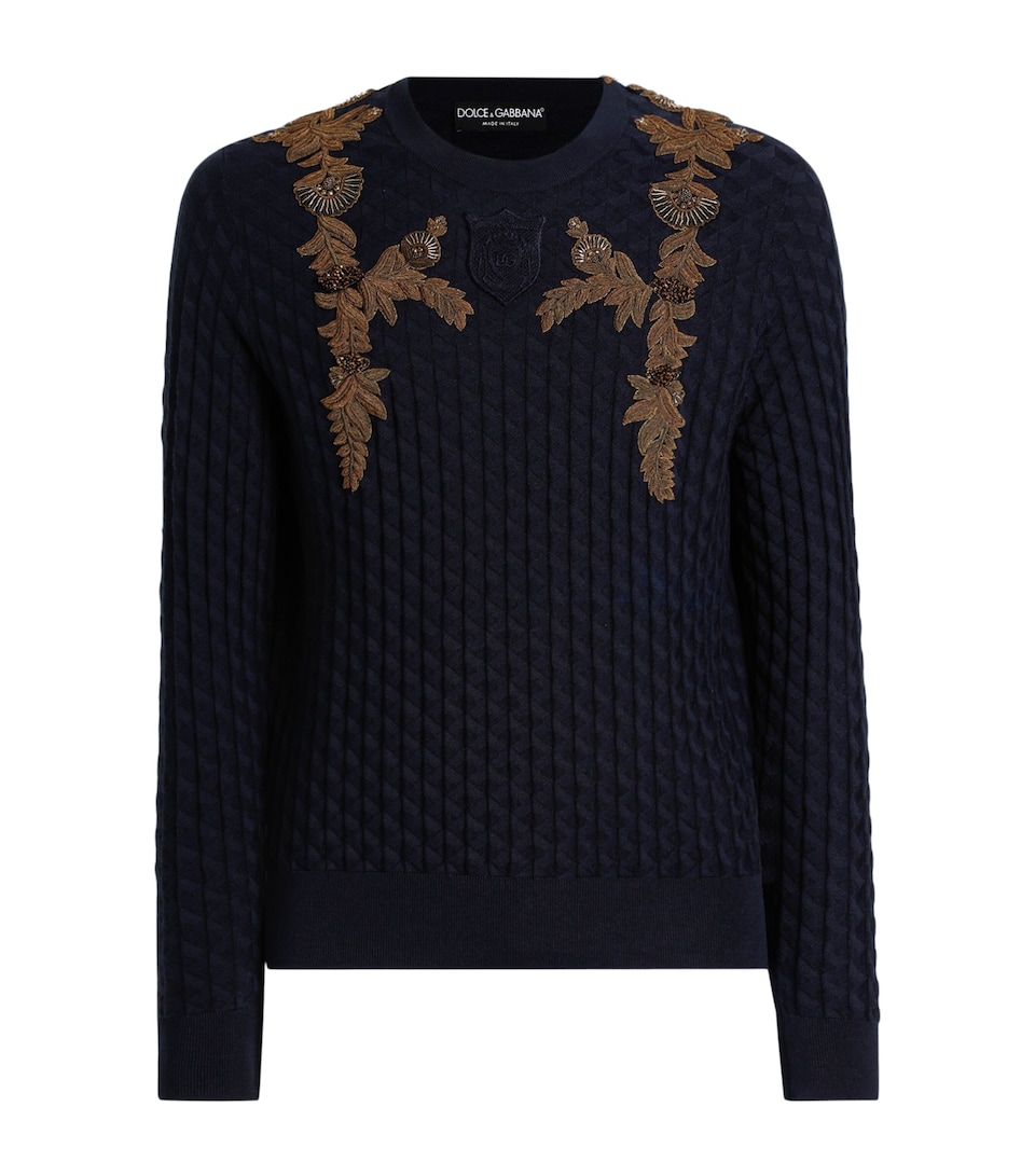 Dolce&Gabbana Mens Embroidered Silk Sweater Very Dark Blue