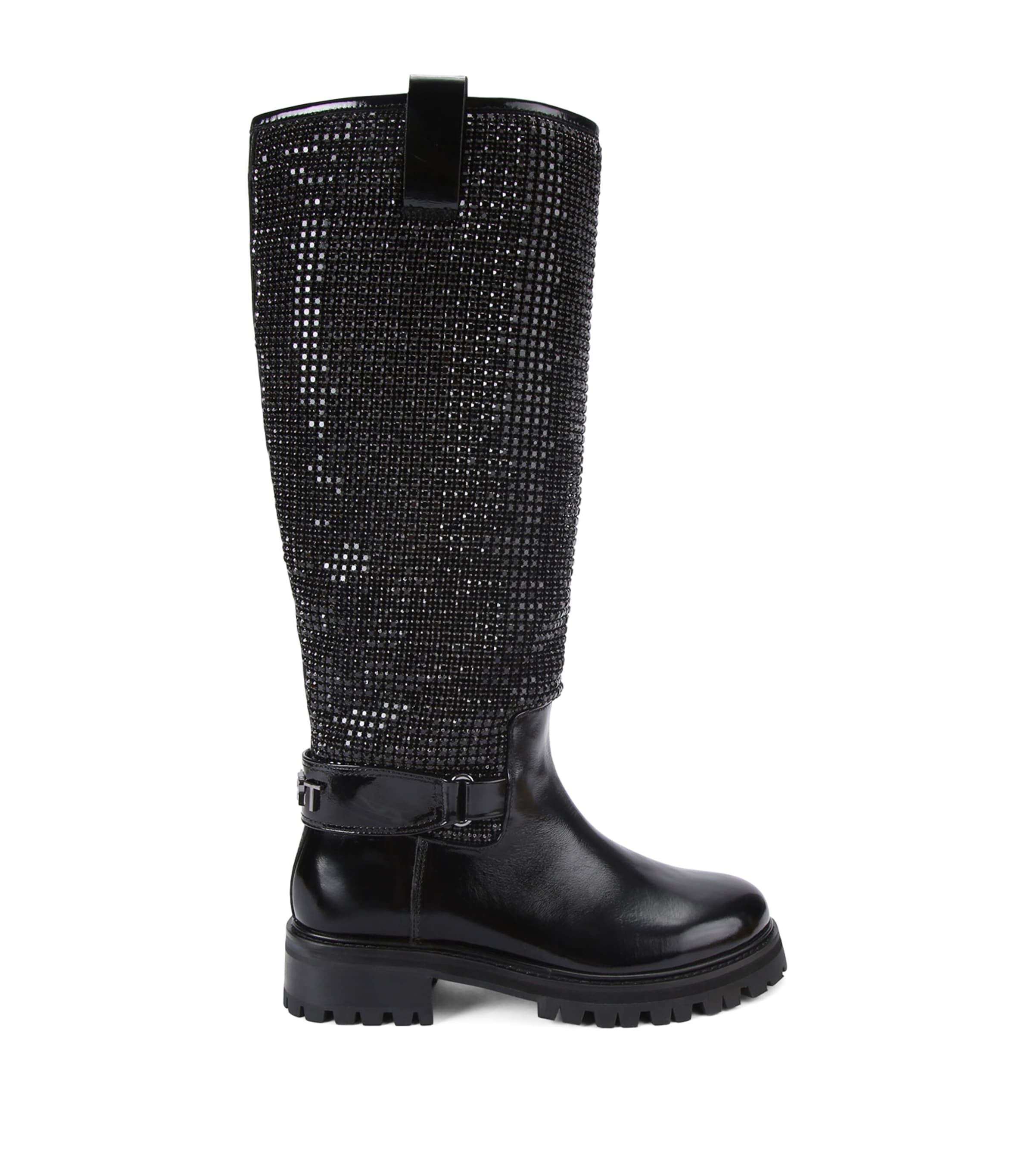 Leather Crystal Knee-High Boots