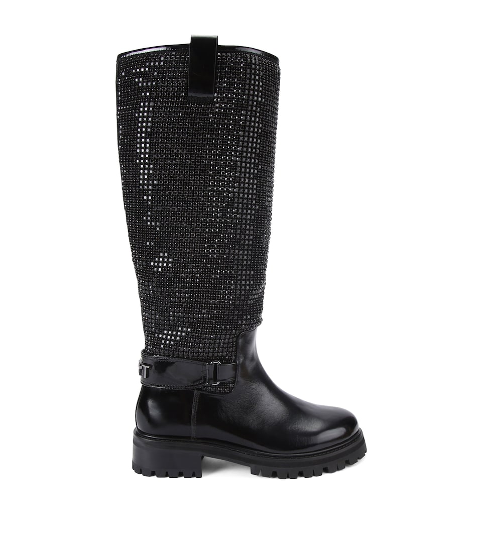 Leather Crystal Knee-High Boots