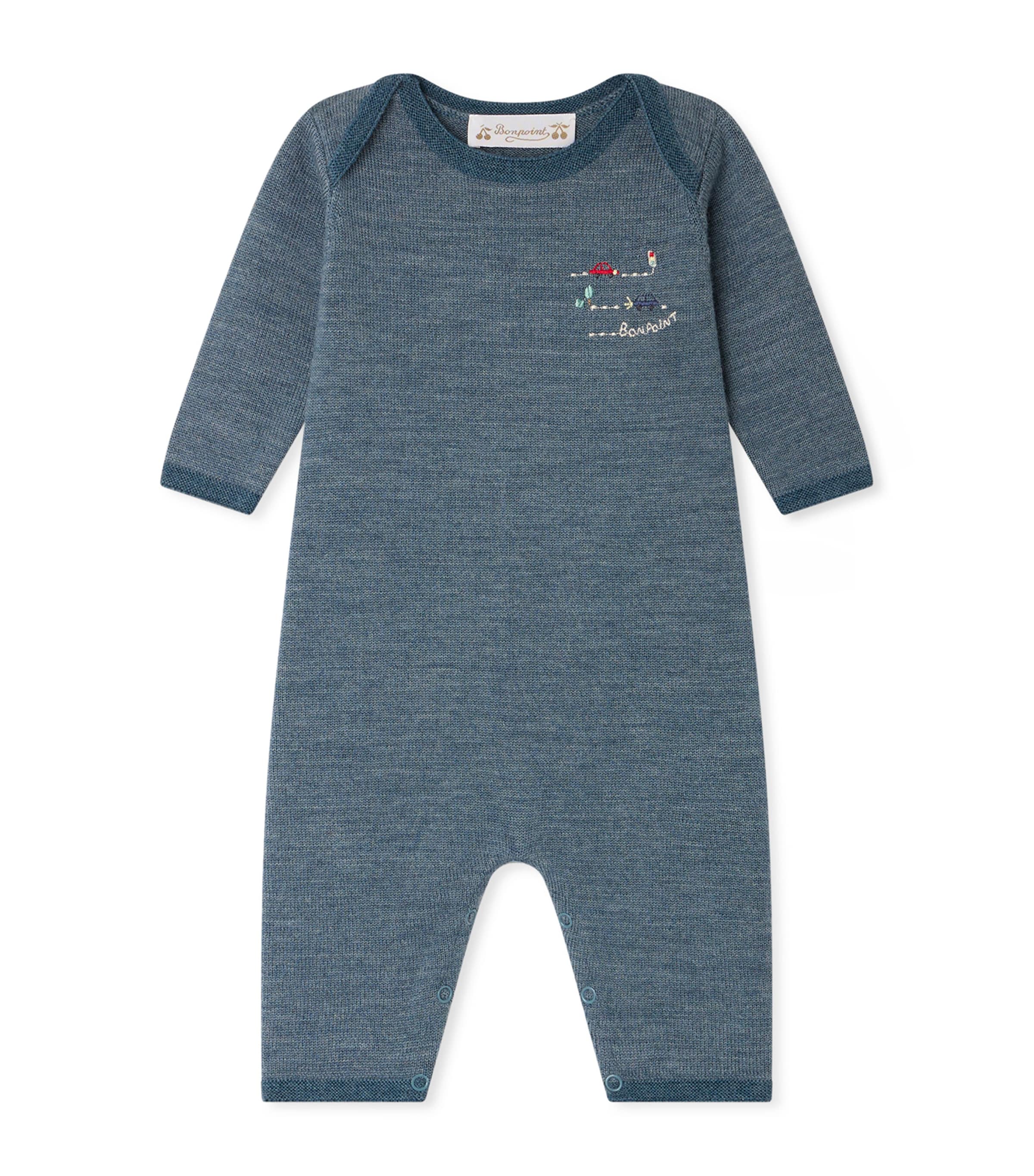 Bonpoint Wool Embroidered-Car Playsuit (1-18 Months) Bleu Mer